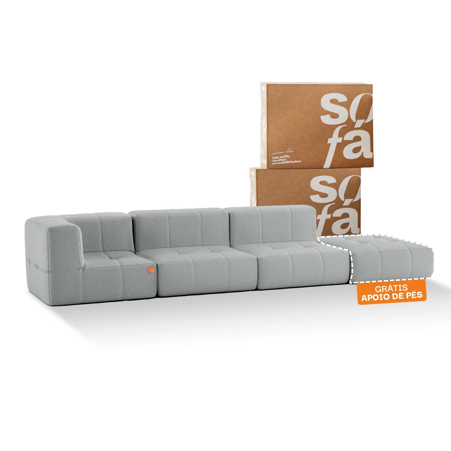Sofá na Caixa modular 3 lugares em Boucle - 1 Braço com Chaise - Cinza Grátis