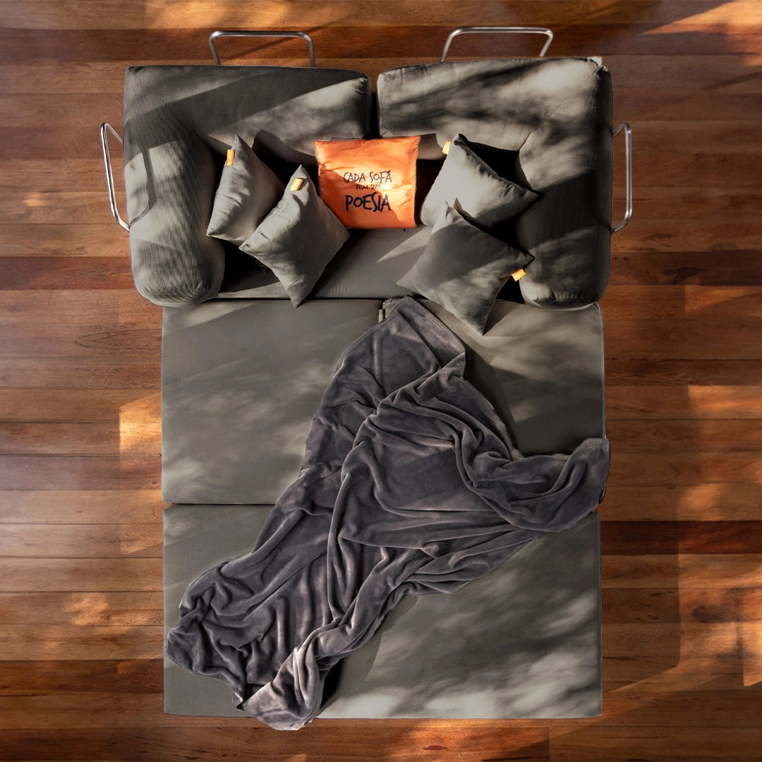 Sofá Cama Bloom - Sofá na Caixa + Apoio de Pé Bloom Tecido Boucle Cinza