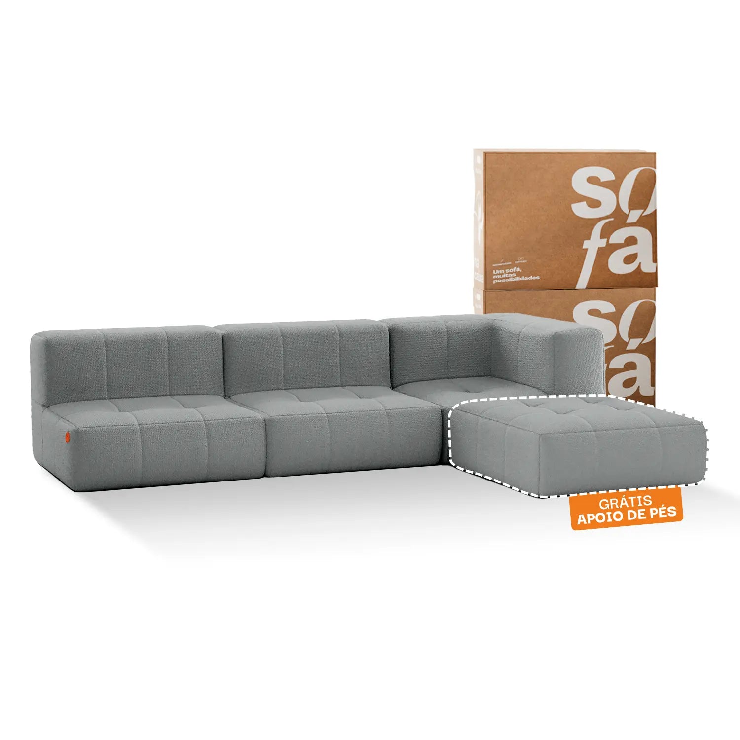 Sofá na Caixa modular 3 lugares em Boucle - 1 Braço com Chaise - Cinza Grátis