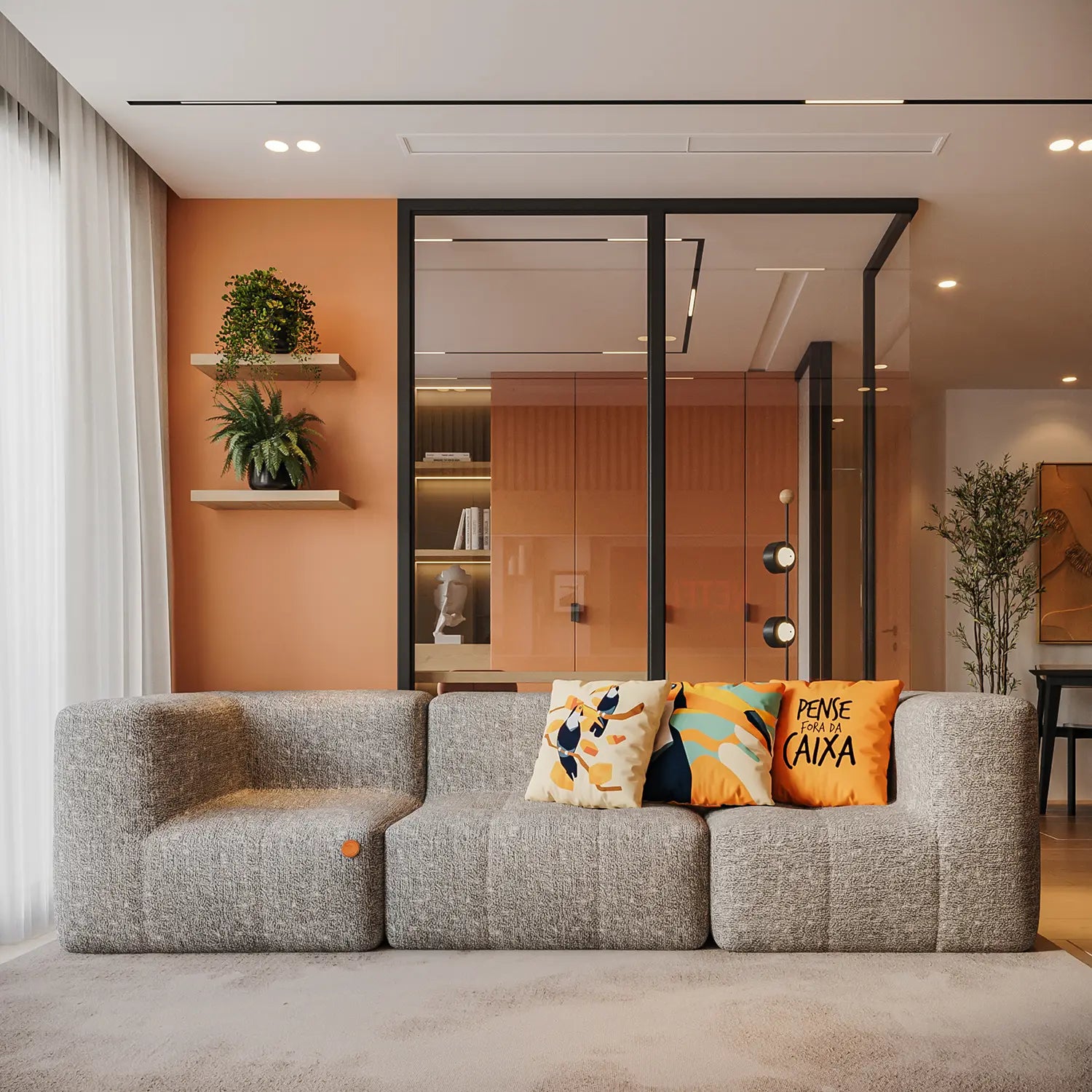 Sofá na Caixa modular 3 lugares em Boucle sem braço com chaise - Cinza