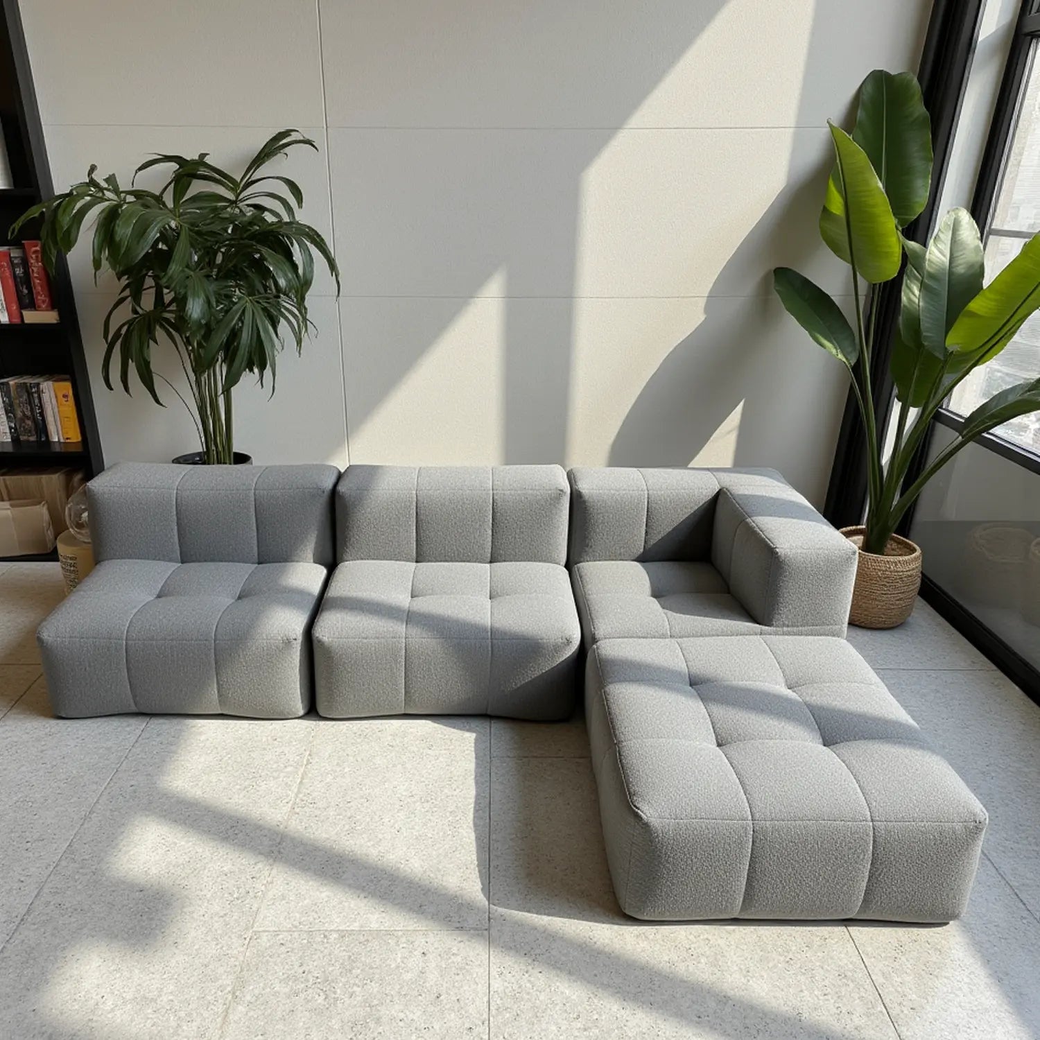 Sofá na Caixa modular 4 lugares em Boucle com 2 Chaise - Cinza