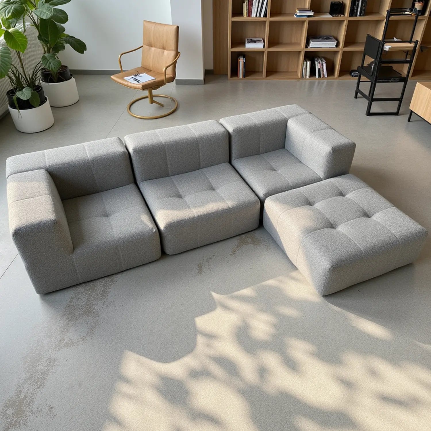 Sofá na Caixa modular 3 lugares em Boucle sem braço com chaise - Cinza