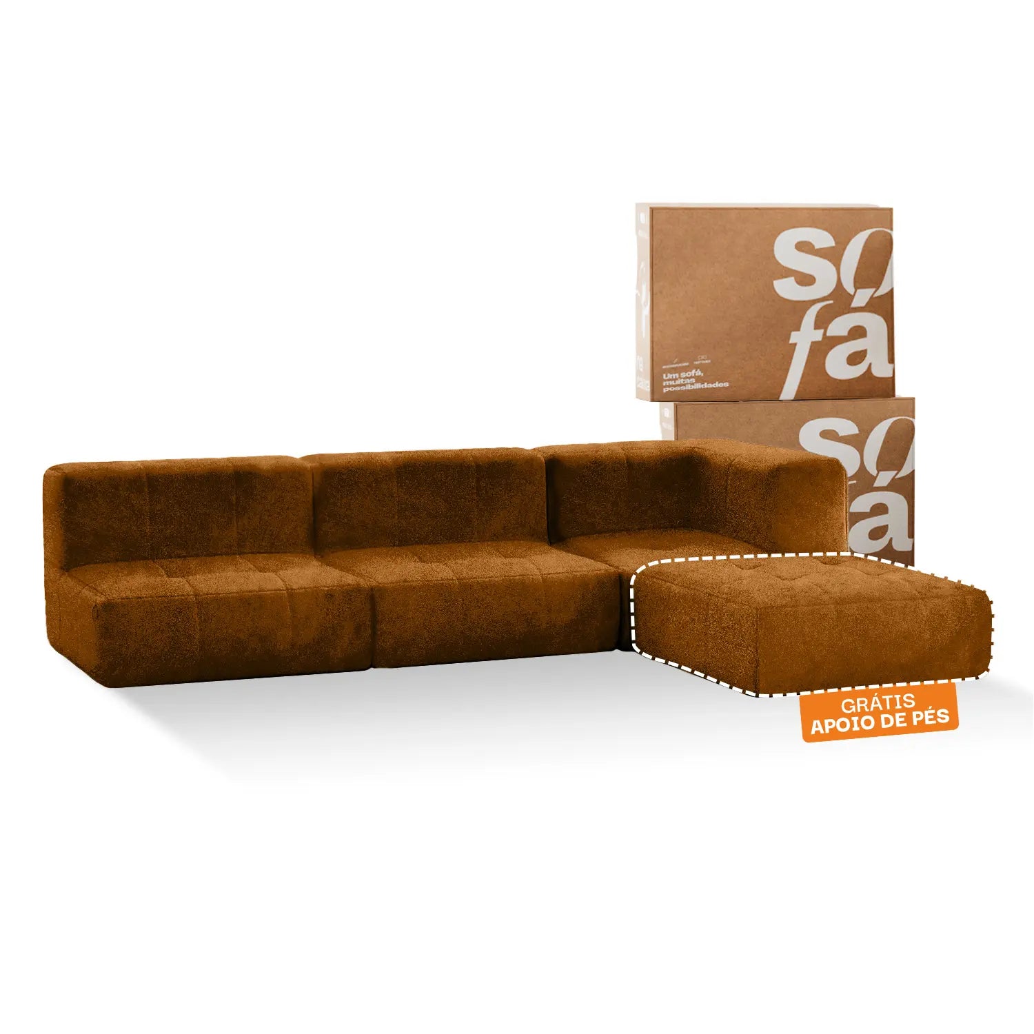 Sofá na Caixa modular 3 lugares Poli-Couro Marrom - 1 Braço com Chaise Grátis