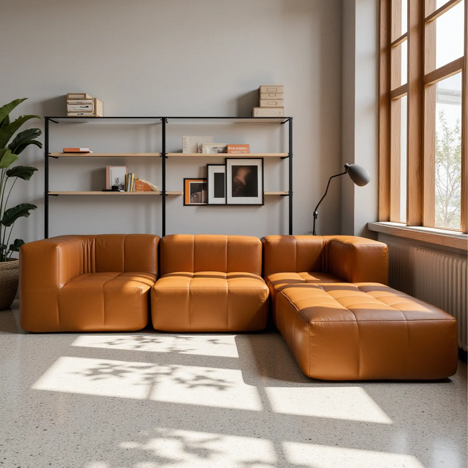 Sofá na Caixa modular 4 lugares Poli-Couro Marrom com 2 Chaise
