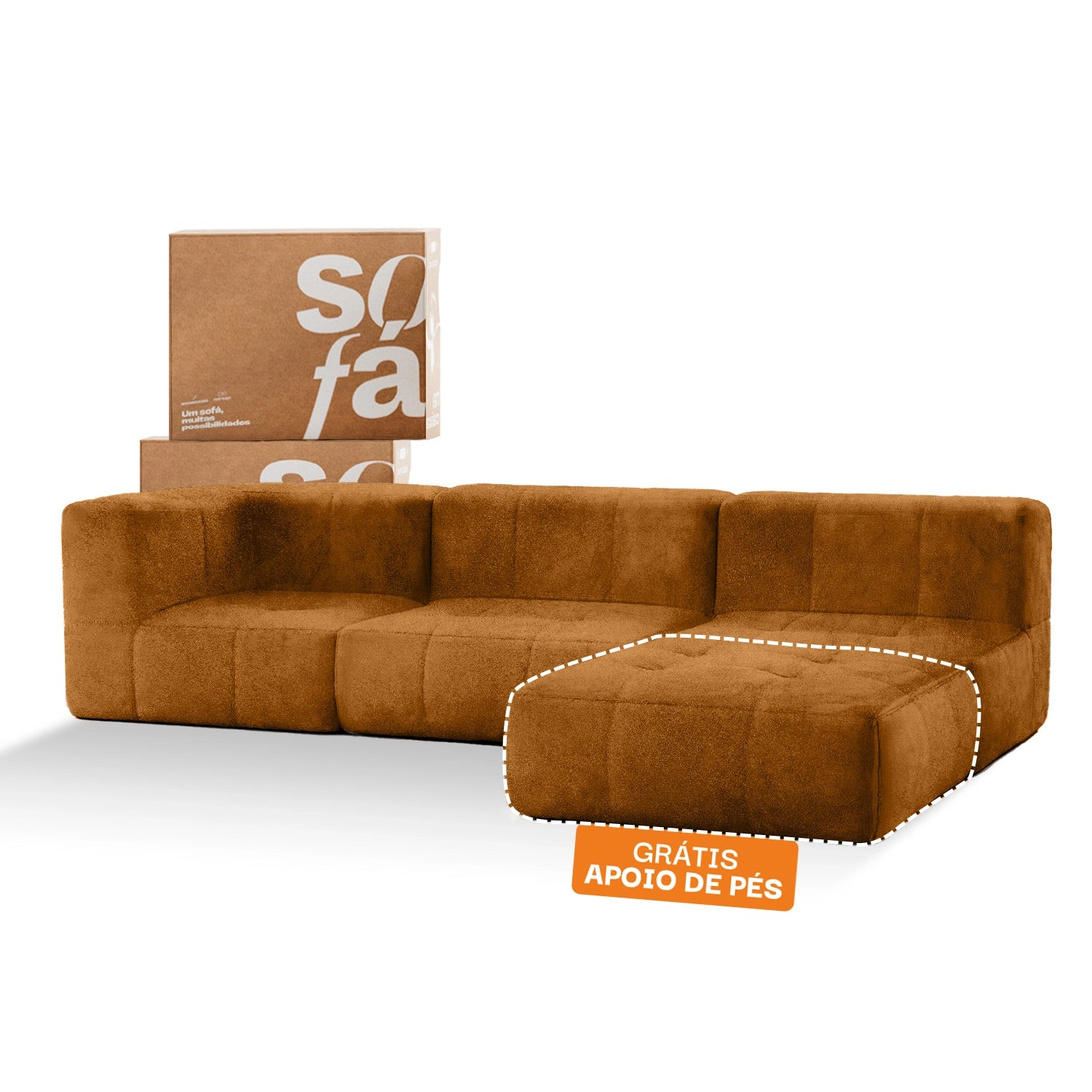 Sofá na Caixa modular 3 lugares Poli-Couro Marrom - 1 Braço com Chaise Grátis