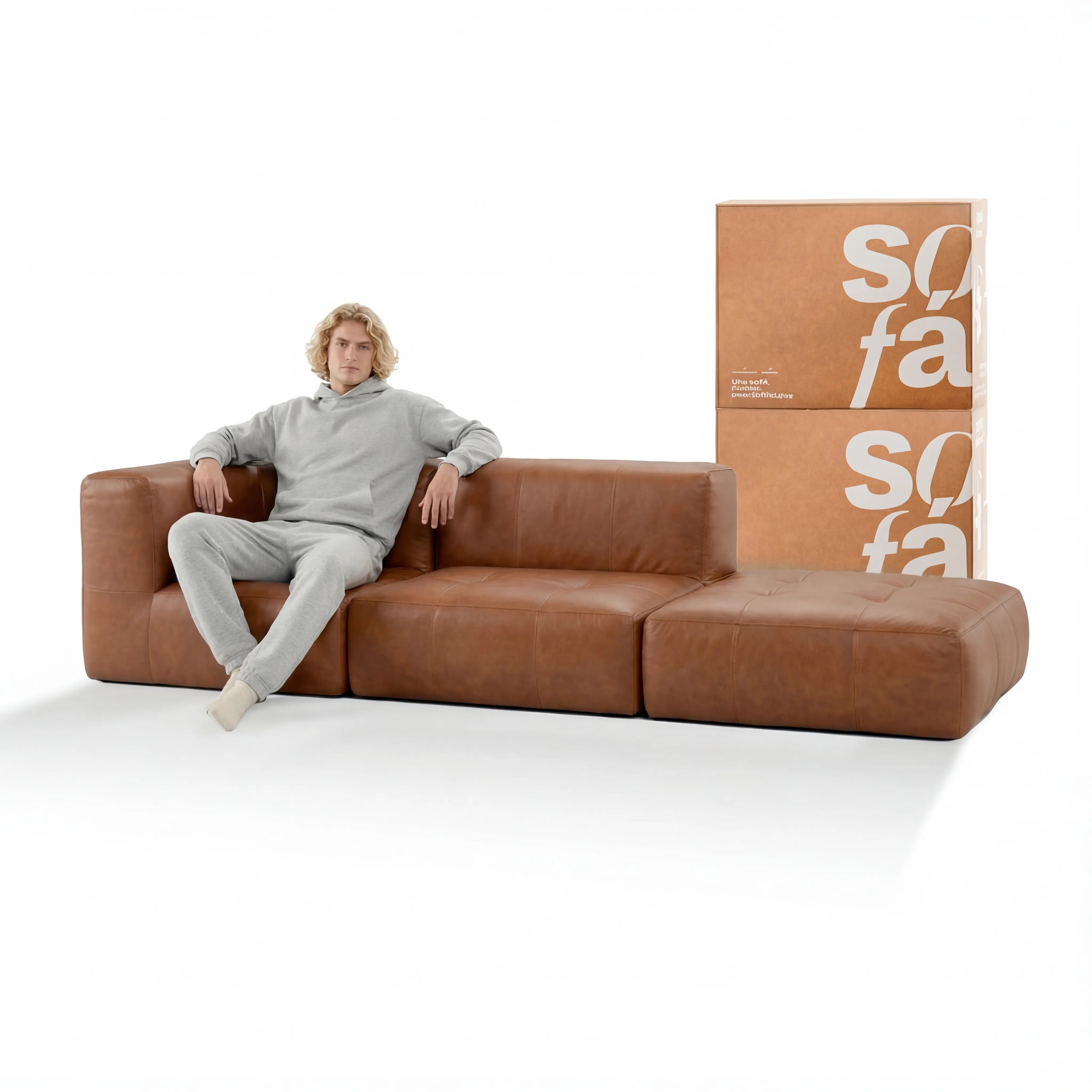 Sofá na Caixa modular 2 lugares Poli-Couro Marrom - 1 Braço com com Apoio de pé