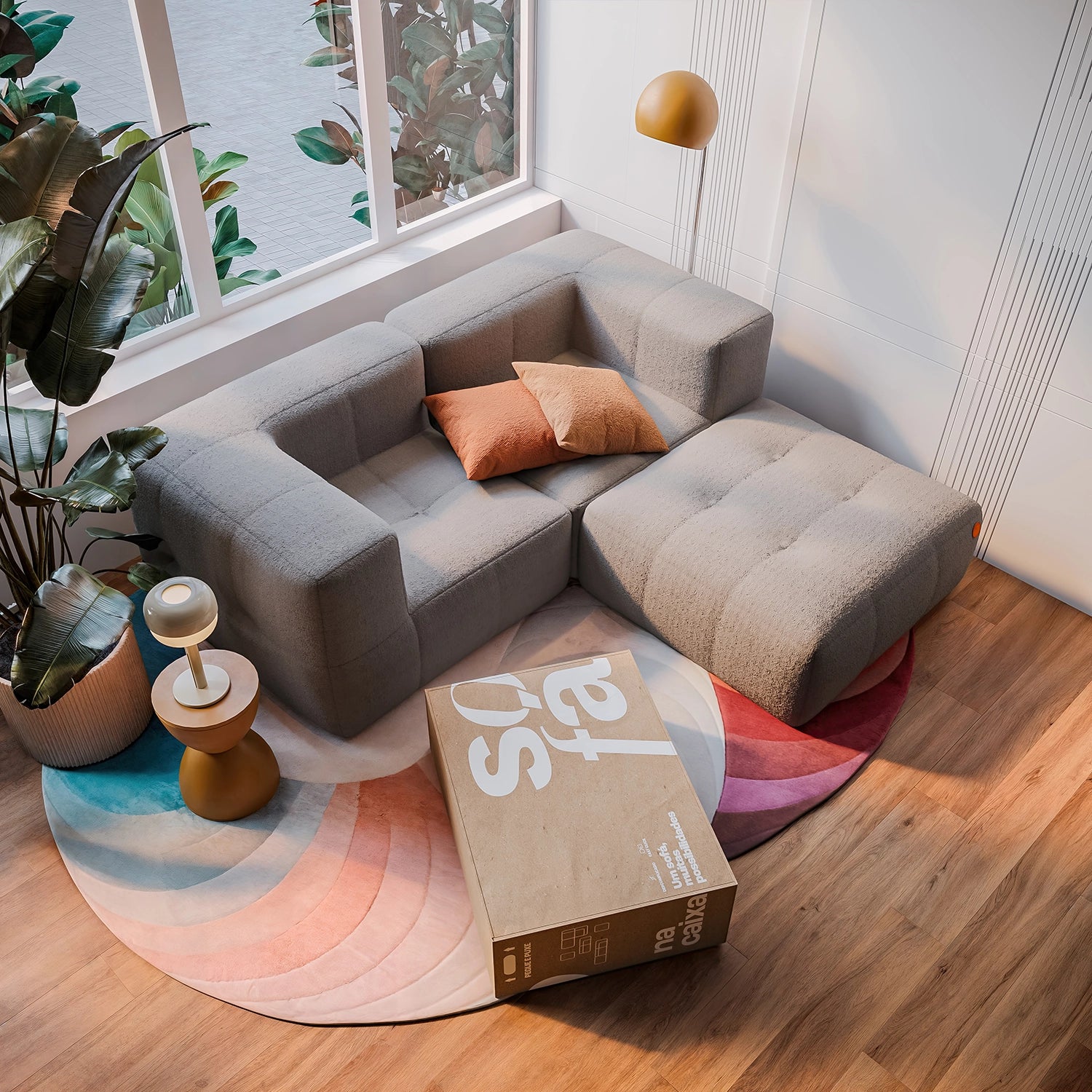 Sofá na Caixa modular 2 lugares em Boucle 2 Cantos com Apoio de pé Grátis - Brinde Almofada Reclame Aqui - Cinza · detalhe na cor cinza