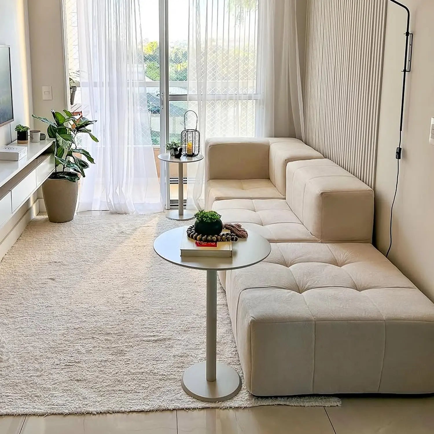Sofá na Caixa modular 3 lugares em Boucle - 1 Braço com 2 Chaises - Linho