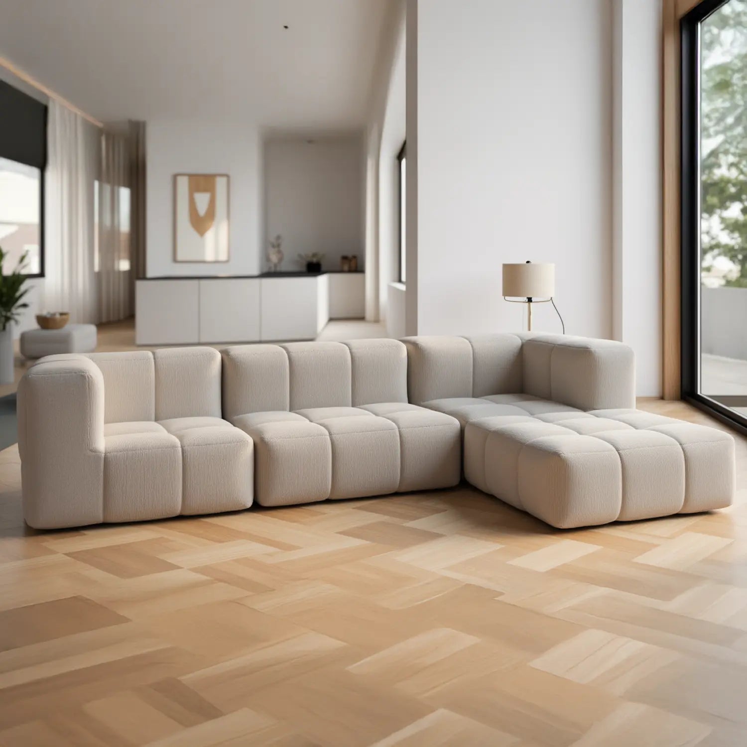 Sofá na Caixa modular 3 lugares em Boucle - 1 Braço com 2 Chaises - Linho