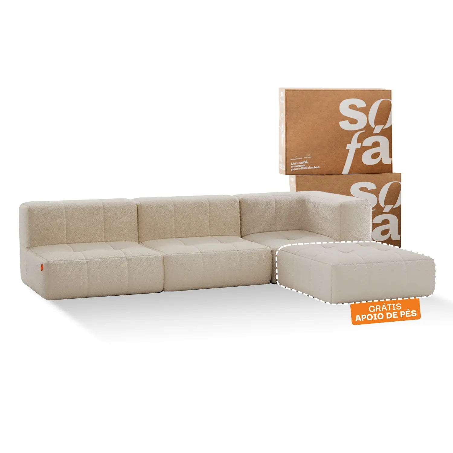 Sofá na Caixa modular 3 lugares em Boucle - 1 Braço com Chaise - Linho Grátis