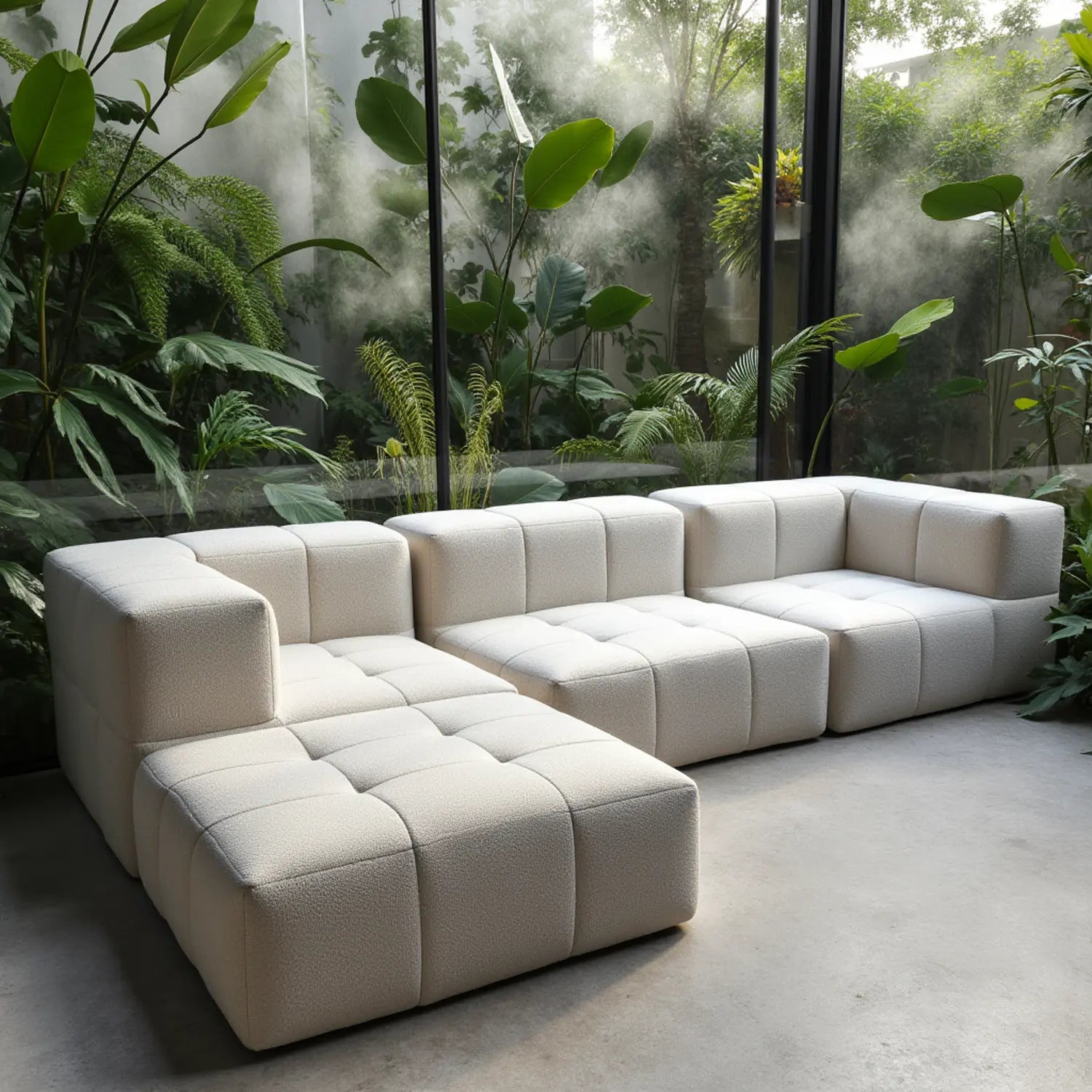 Sofá na Caixa modular 4 lugares em Boucle com 1 chaise - Linho