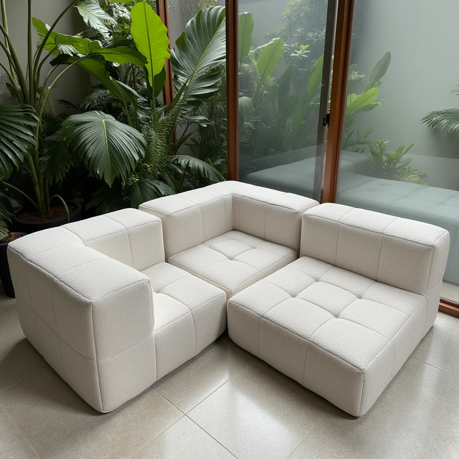 Sofá na Caixa modular 3 lugares em Boucle - 1 Braço com 2 Chaises - Linho