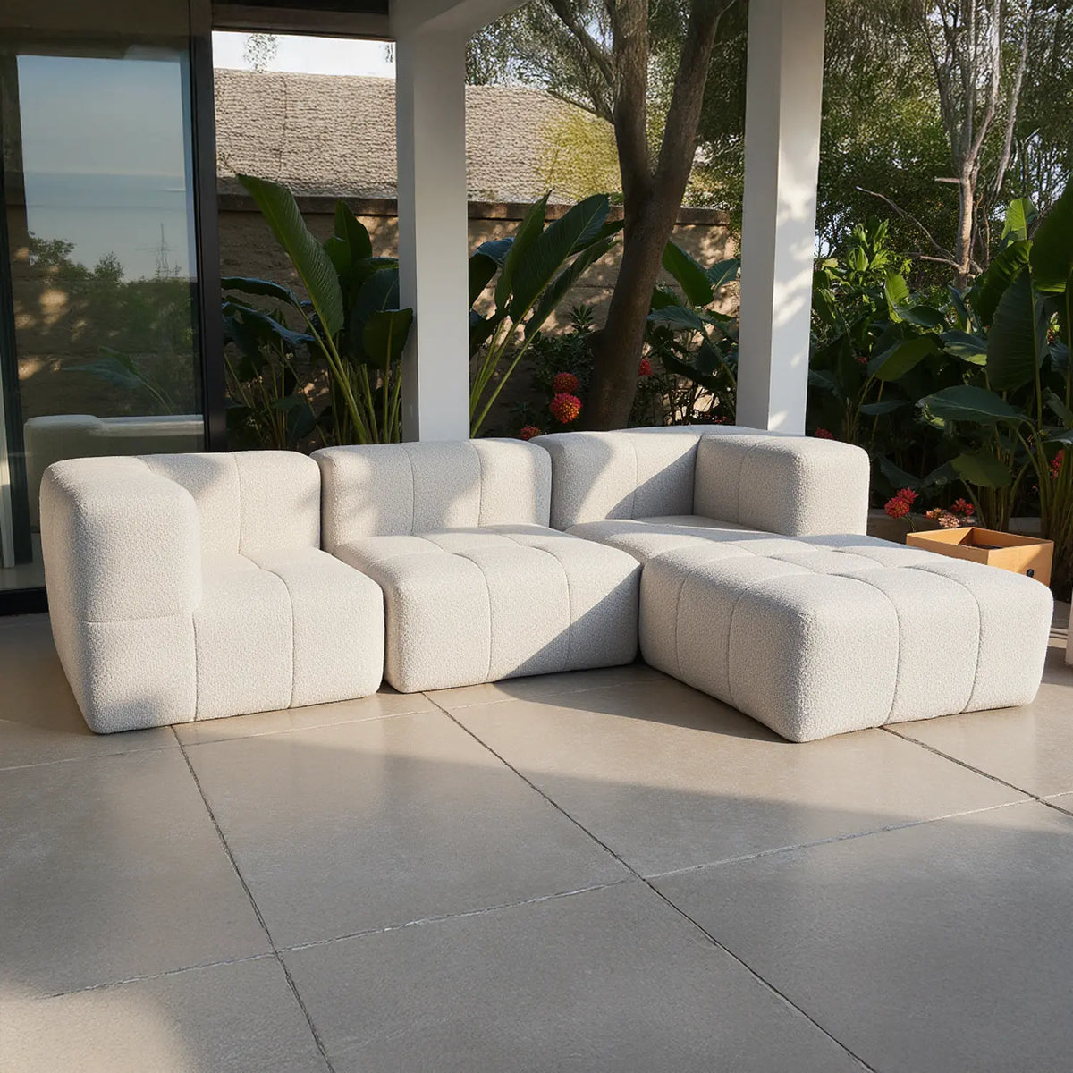 Sofá na Caixa modular 4 lugares em Boucle com 1 chaise - Linho · em tecido linho · vista 4