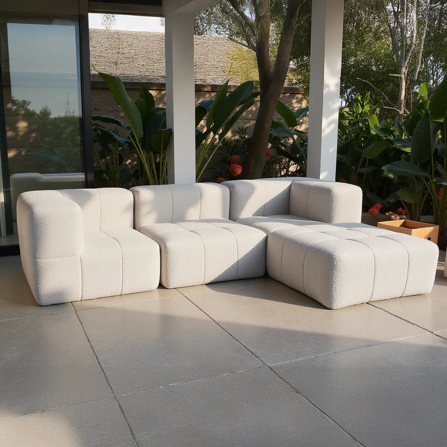 Sofá na Caixa modular 4 lugares em Boucle com 1 chaise - Linho