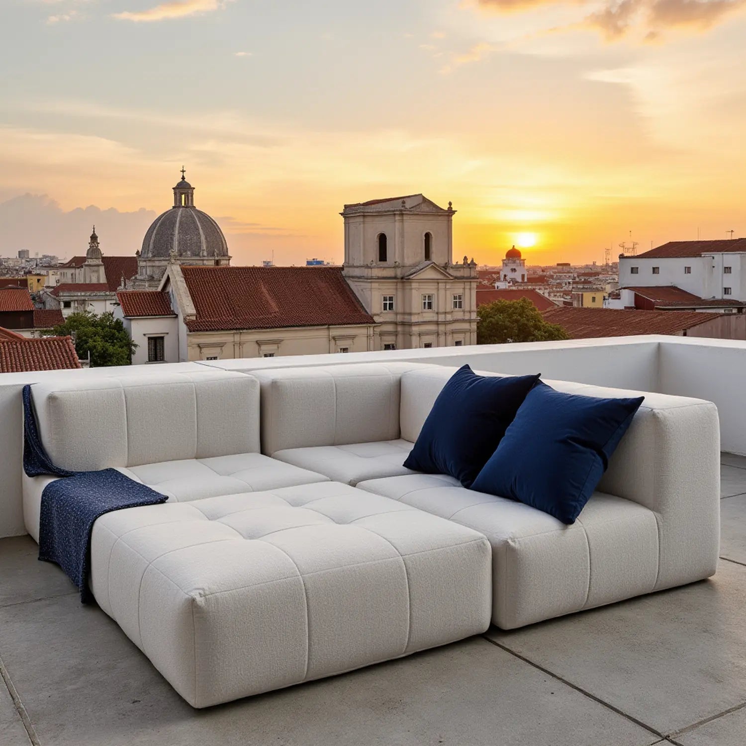 Sofá na Caixa modular 4 lugares em Boucle com 1 chaise - Linho