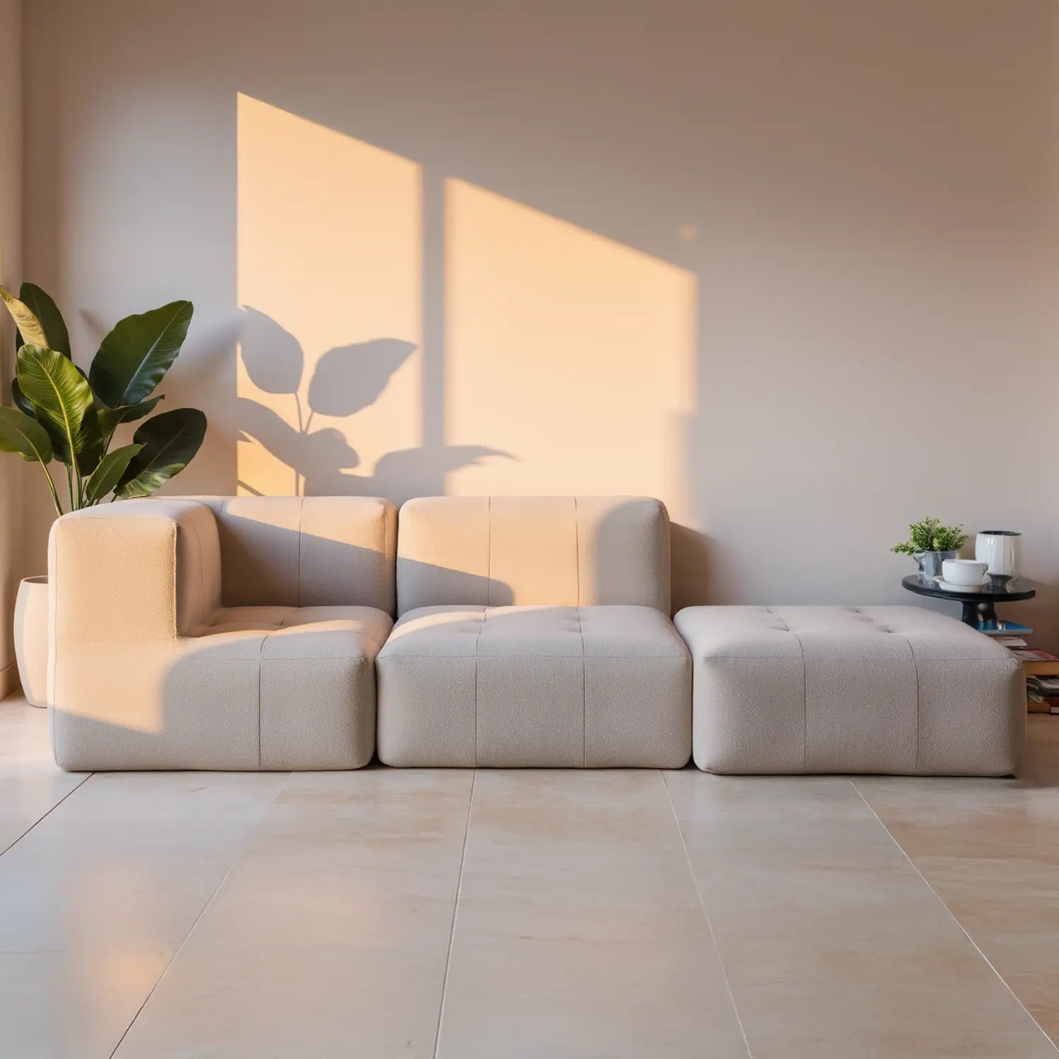 Sofá na Caixa modular 3 lugares em Boucle - 1 Braço com 2 Chaises - Linho