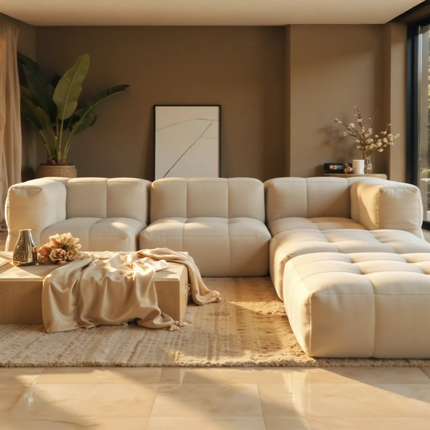 Sofá na Caixa modular 4 lugares em Boucle com 1 chaise - Linho