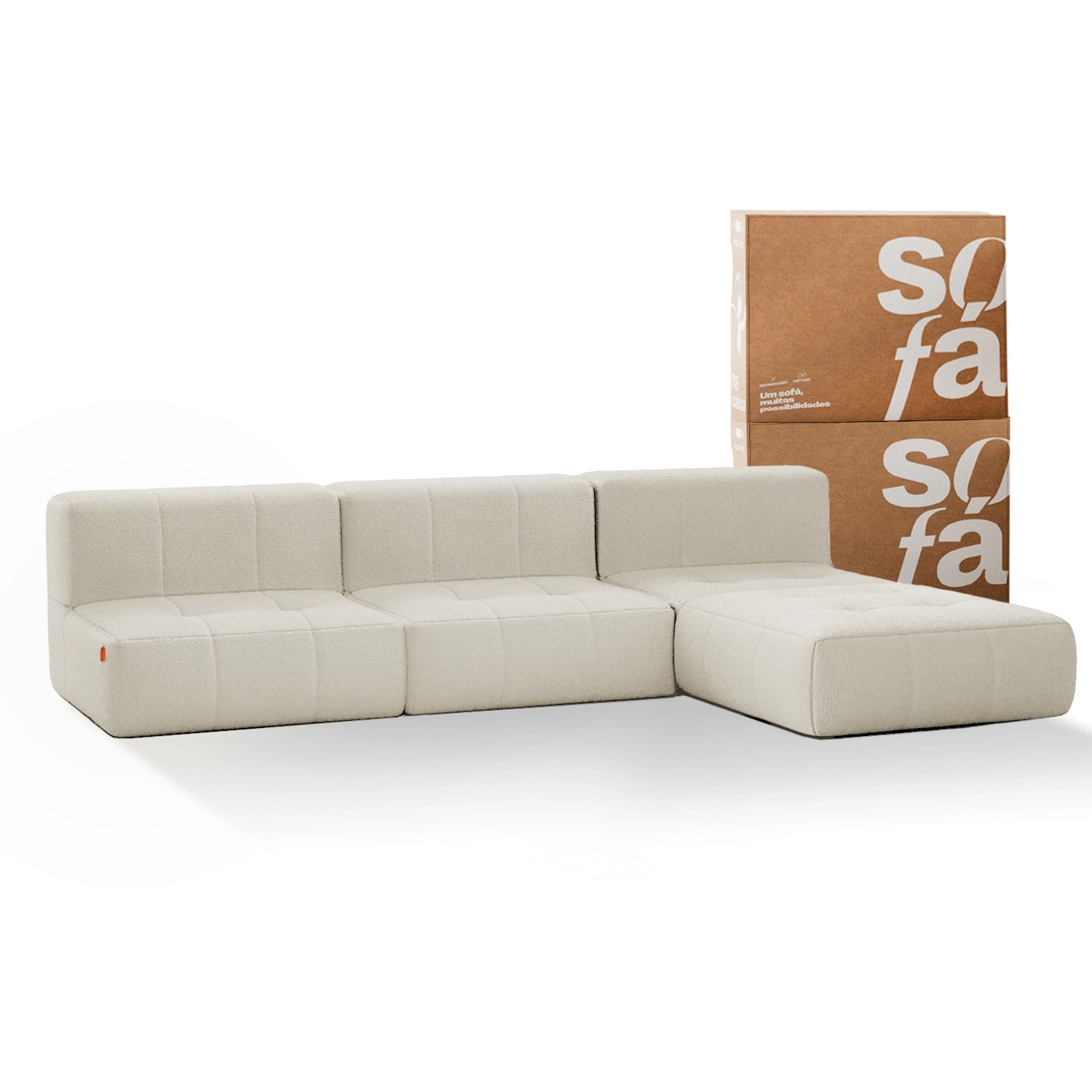 Sofá na Caixa modular 3 lugares em Boucle sem braço com chaise - Linho