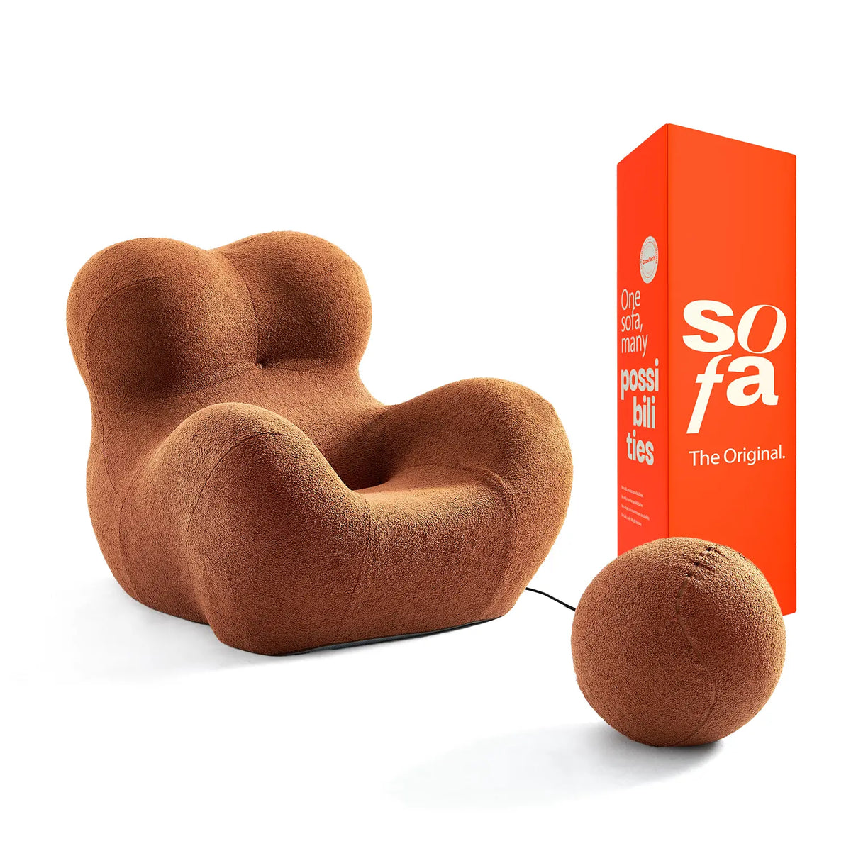 Sofá na Caixa Palla - Laranja · detalhe na cor marrom