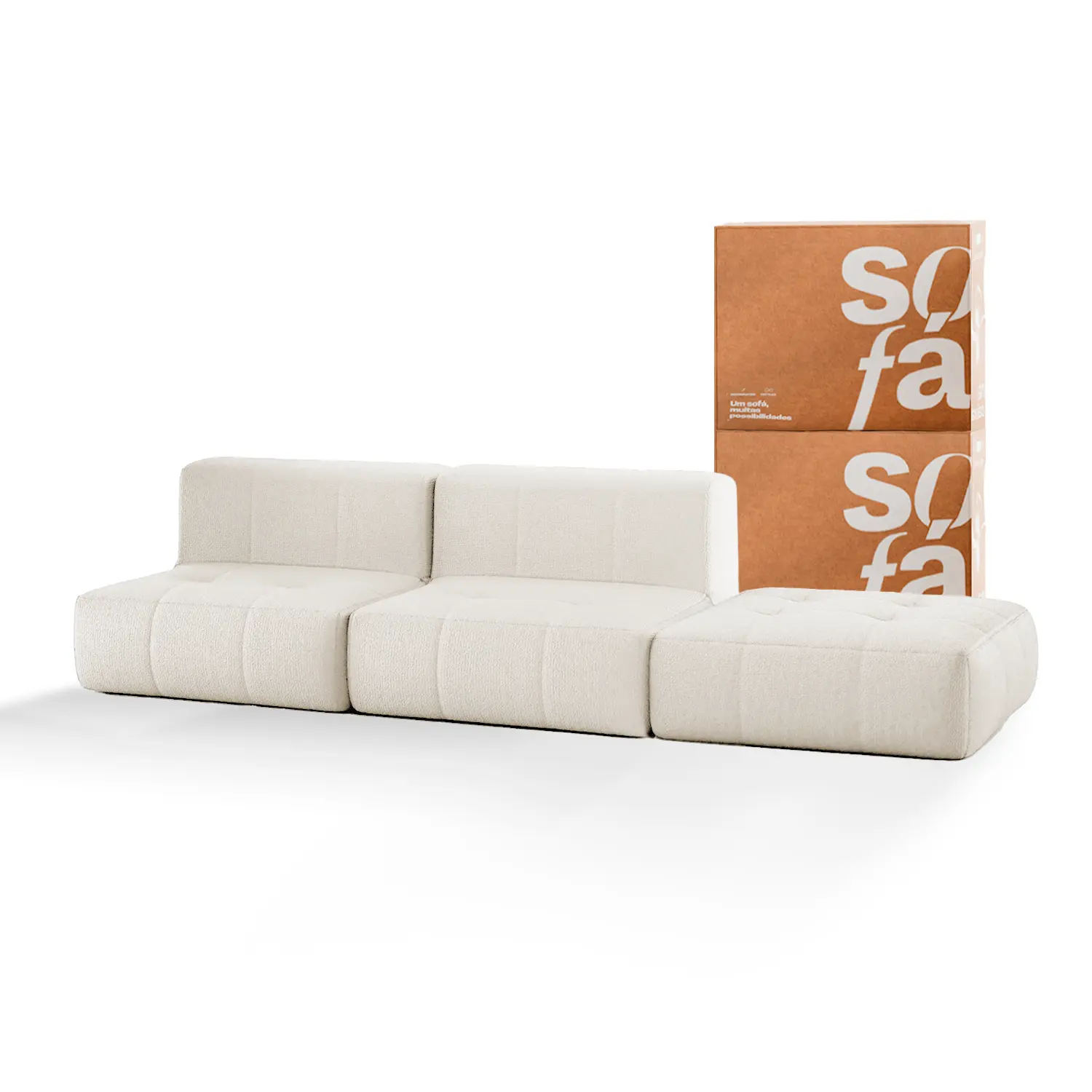 Sofá na Caixa modular 2 lugares em Boucle - 2 Poltronas com Apoio de pé Grátis - Linho
