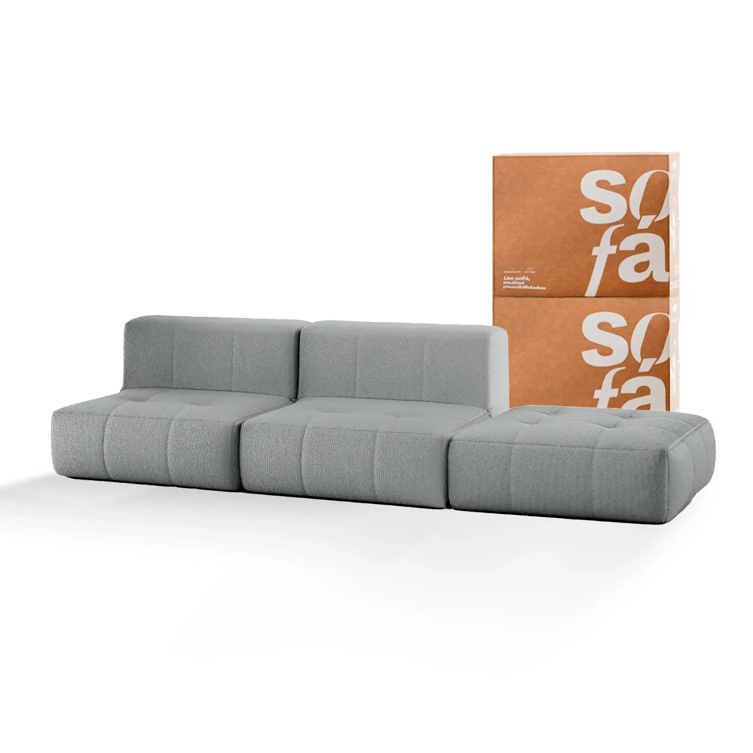 Sofá na Caixa modular 2 lugares em Boucle - 2 Poltronas com Apoio de pé - Cinza
