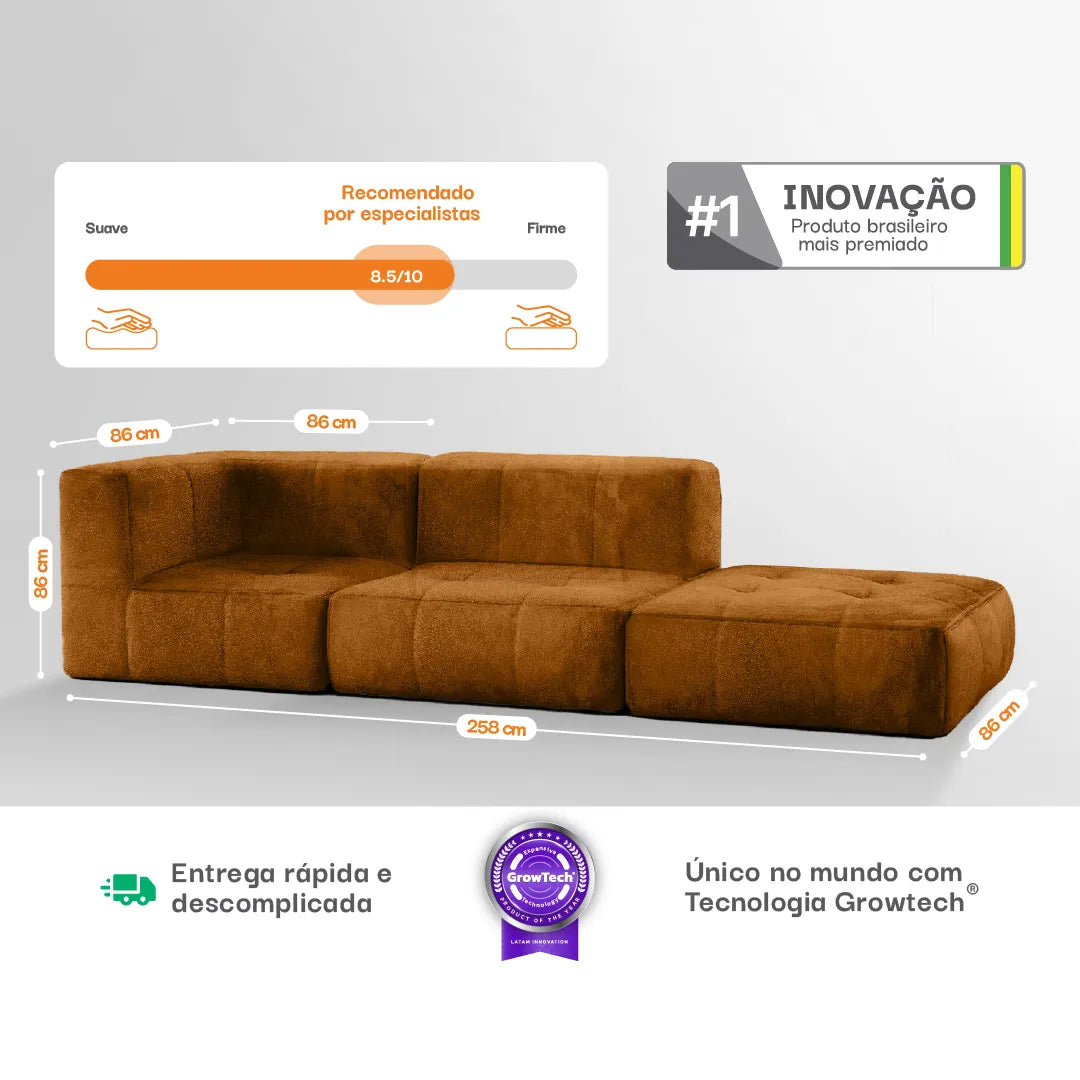 Sofá na Caixa modular 4 lugares Poli-Couro Marrom com 2 Chaise
