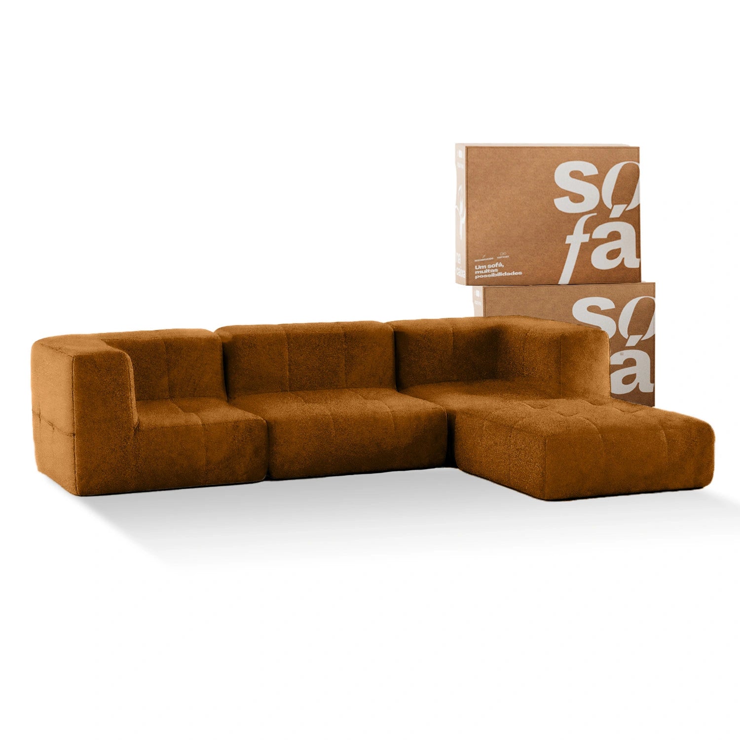 Sofá na Caixa modular 3 lugares Poli-Couro Marrom com Apoio de pé Grátis