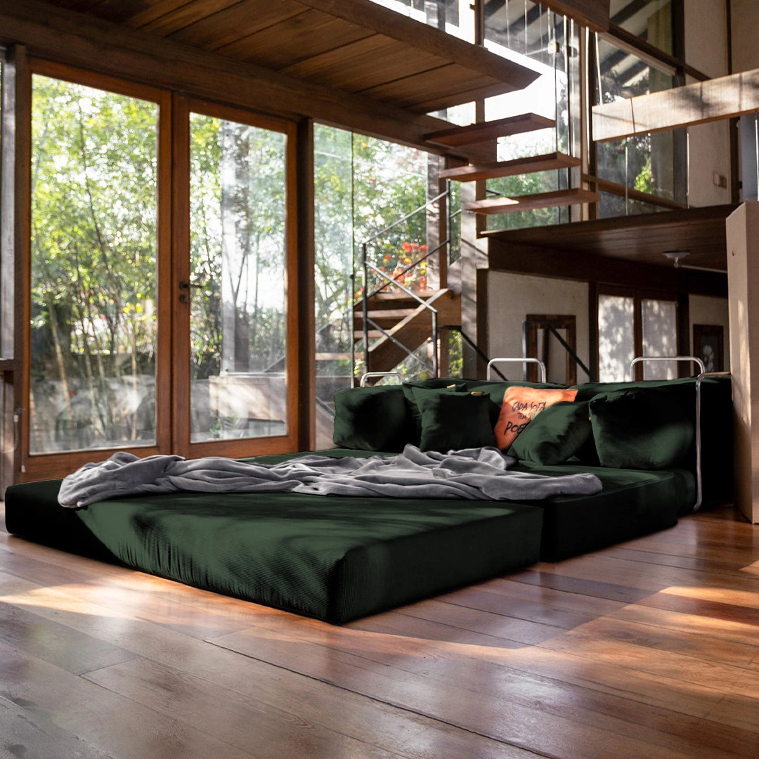 Sofá Cama Bloom - Sofá na Caixa + Apoio de Pé Bloom Tecido Boucle Verde Musgo