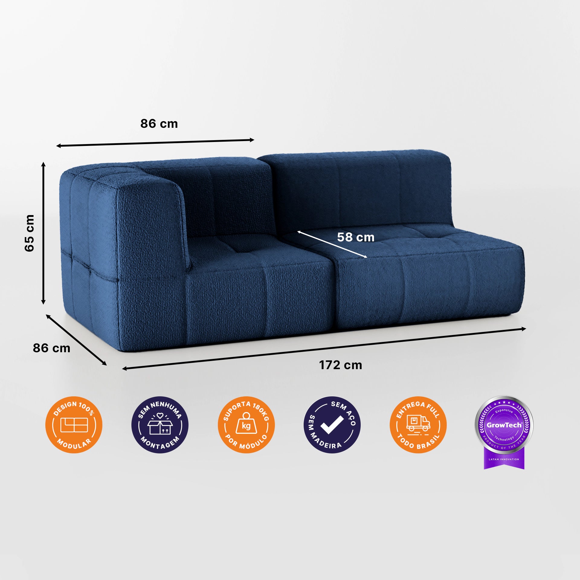 Sofá na Caixa modular 2 lugares em Boucle - 1 Braço - Azul