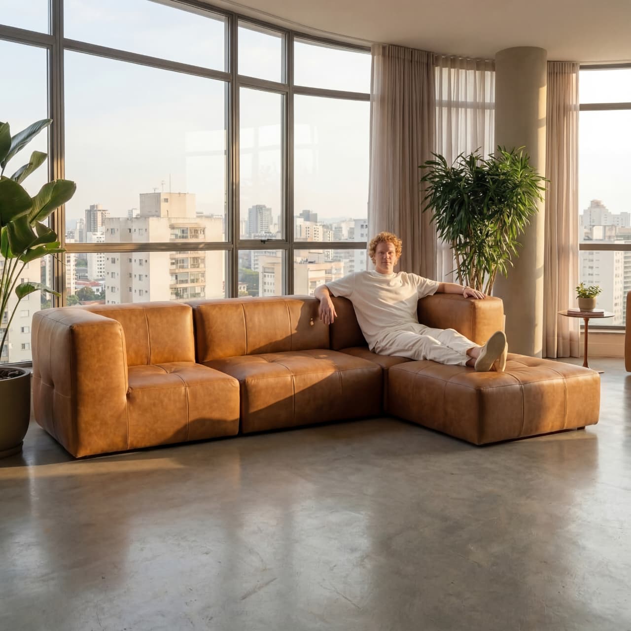 Sofá na Caixa modular 3 lugares Poli-Couro Marrom com Apoio de pé