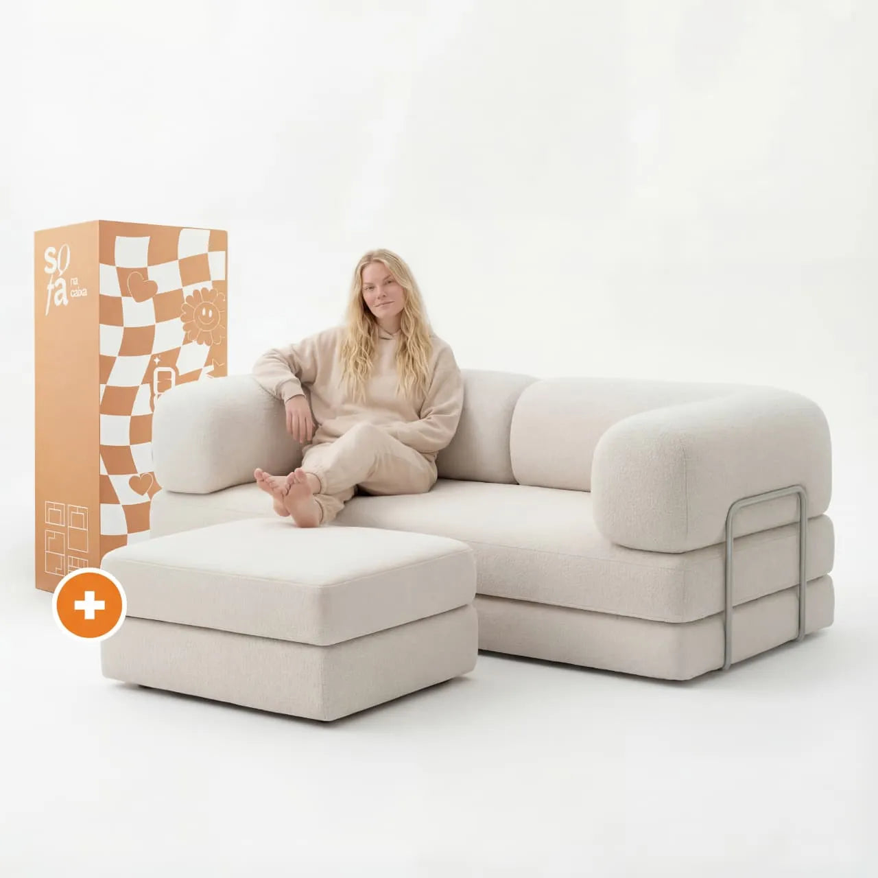 Sofá Cama Bloom - Sofá na Caixa + Apoio de Pé Bloom Tecido Boucle Linho