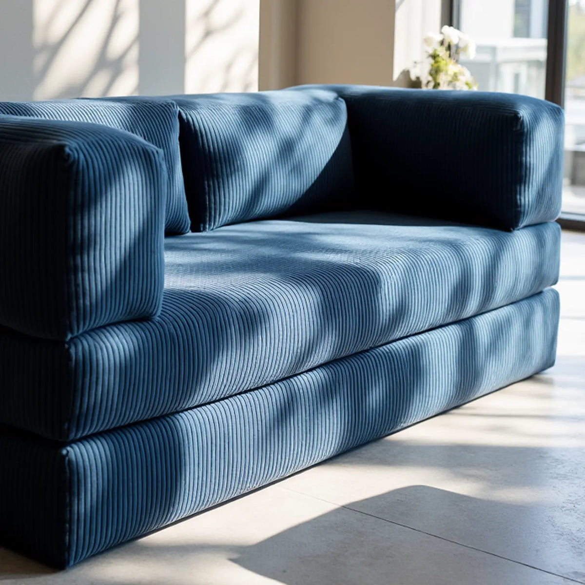 Sofá Cama Bloom - Sofá na Caixa + Apoio de Pé Bloom Tecido Boucle Azul · detalhe na cor azul · vista 9