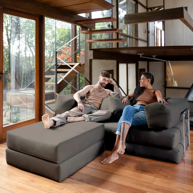 Sofá Cama Bloom - Sofá na Caixa + Apoio de Pé Bloom Tecido Boucle Cinza · detalhe na cor cinza