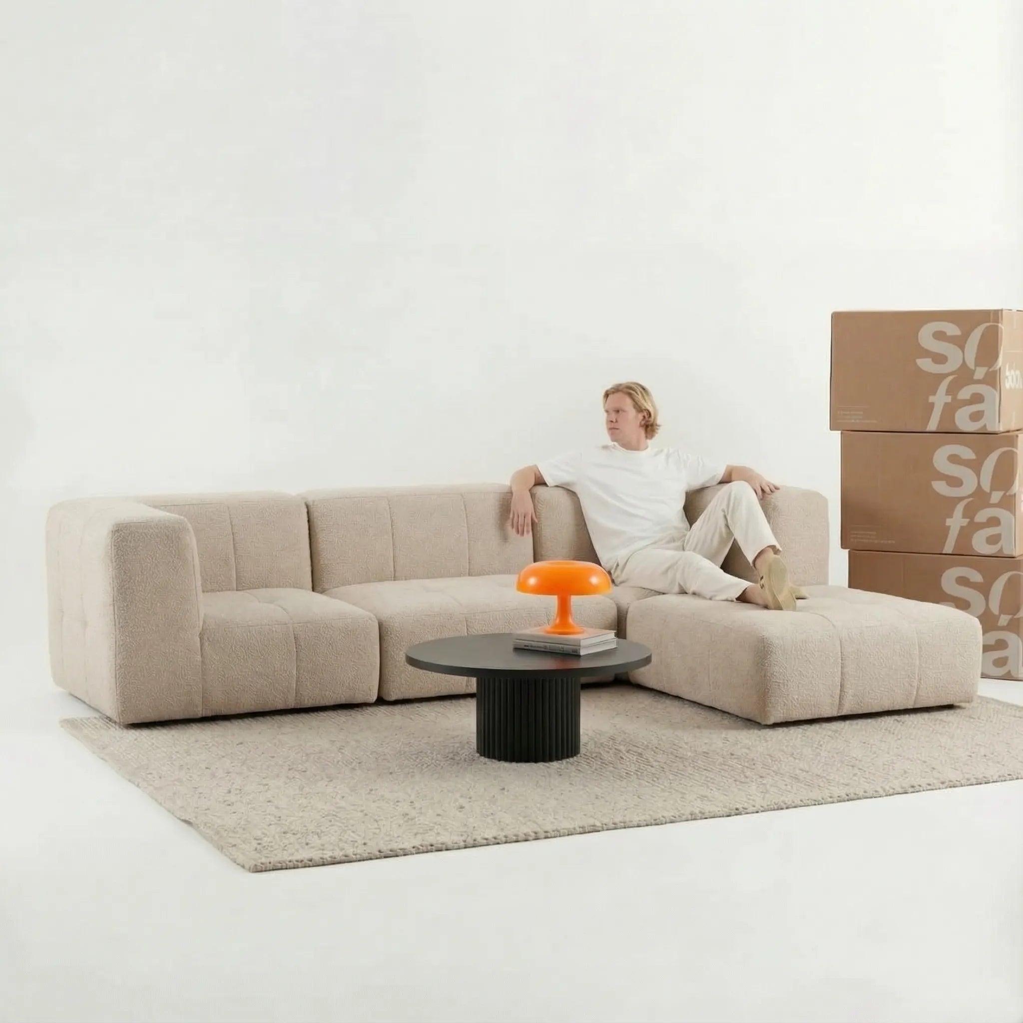 Sofá na Caixa modular 3 lugares em Boucle com Apoio de pé - Linho