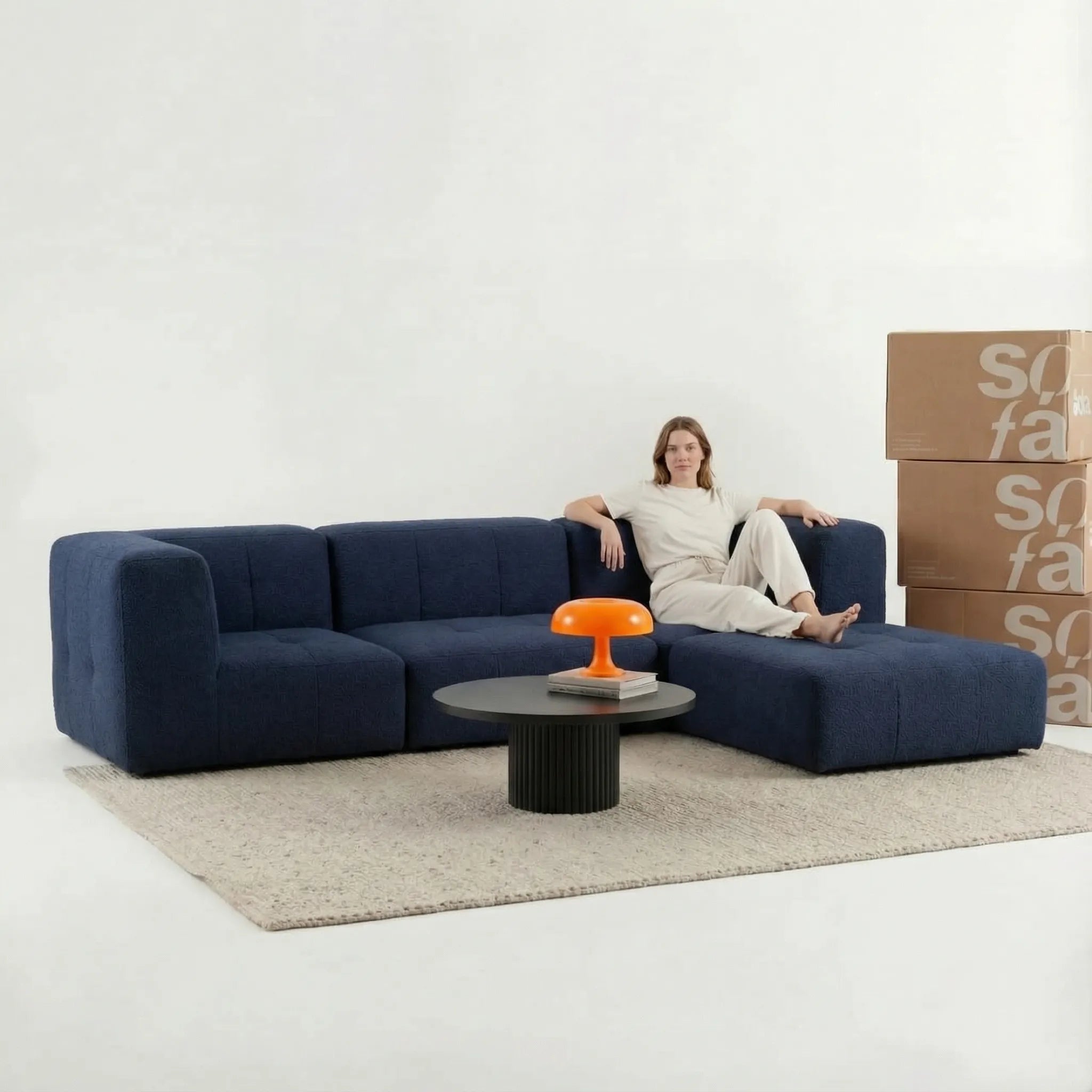 Sofá na Caixa modular 3 lugares em Boucle com Apoio de pé - Azul