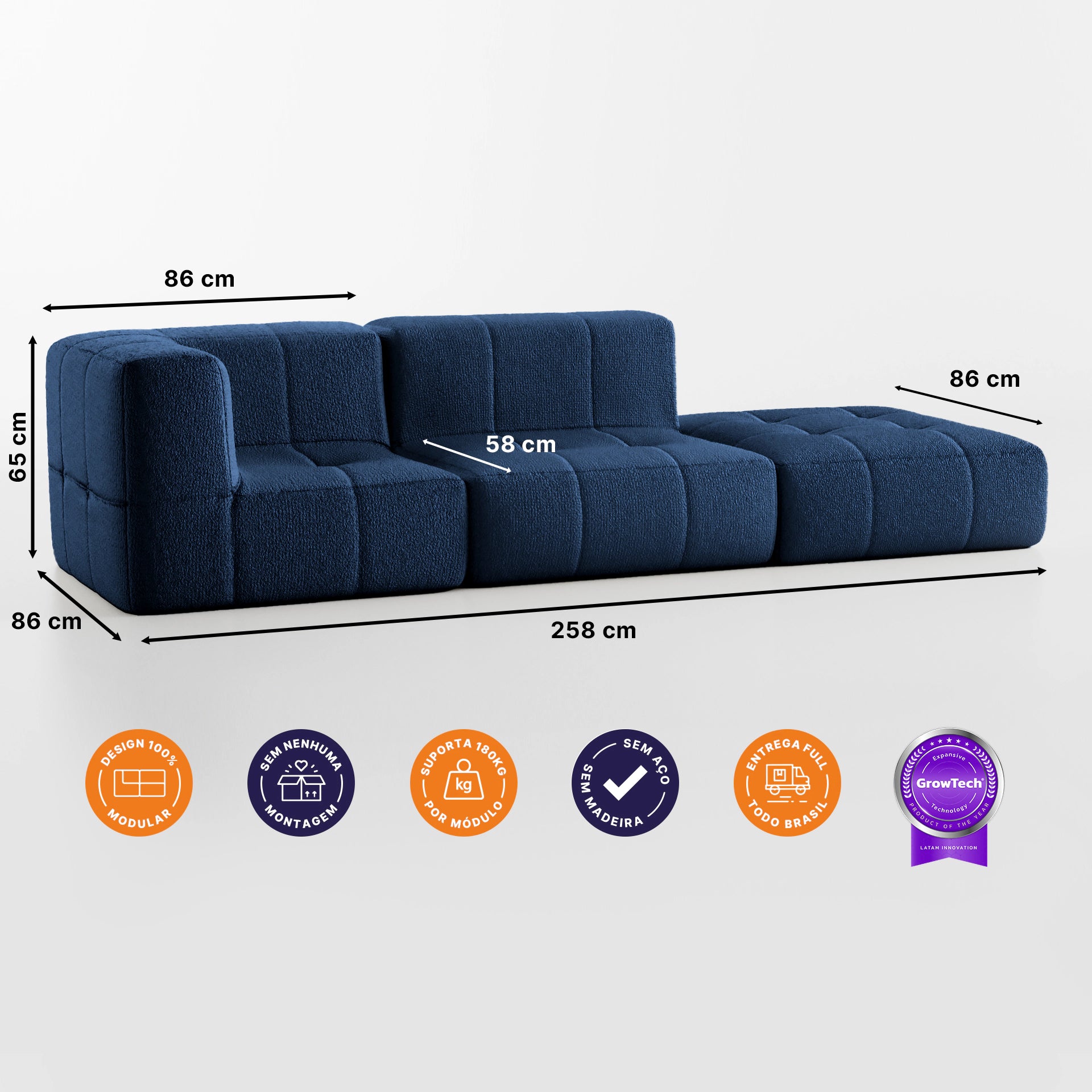 Sofá na Caixa modular 2 lugares em Boucle - 1 Braço com Apoio de pé Grátis - Azul