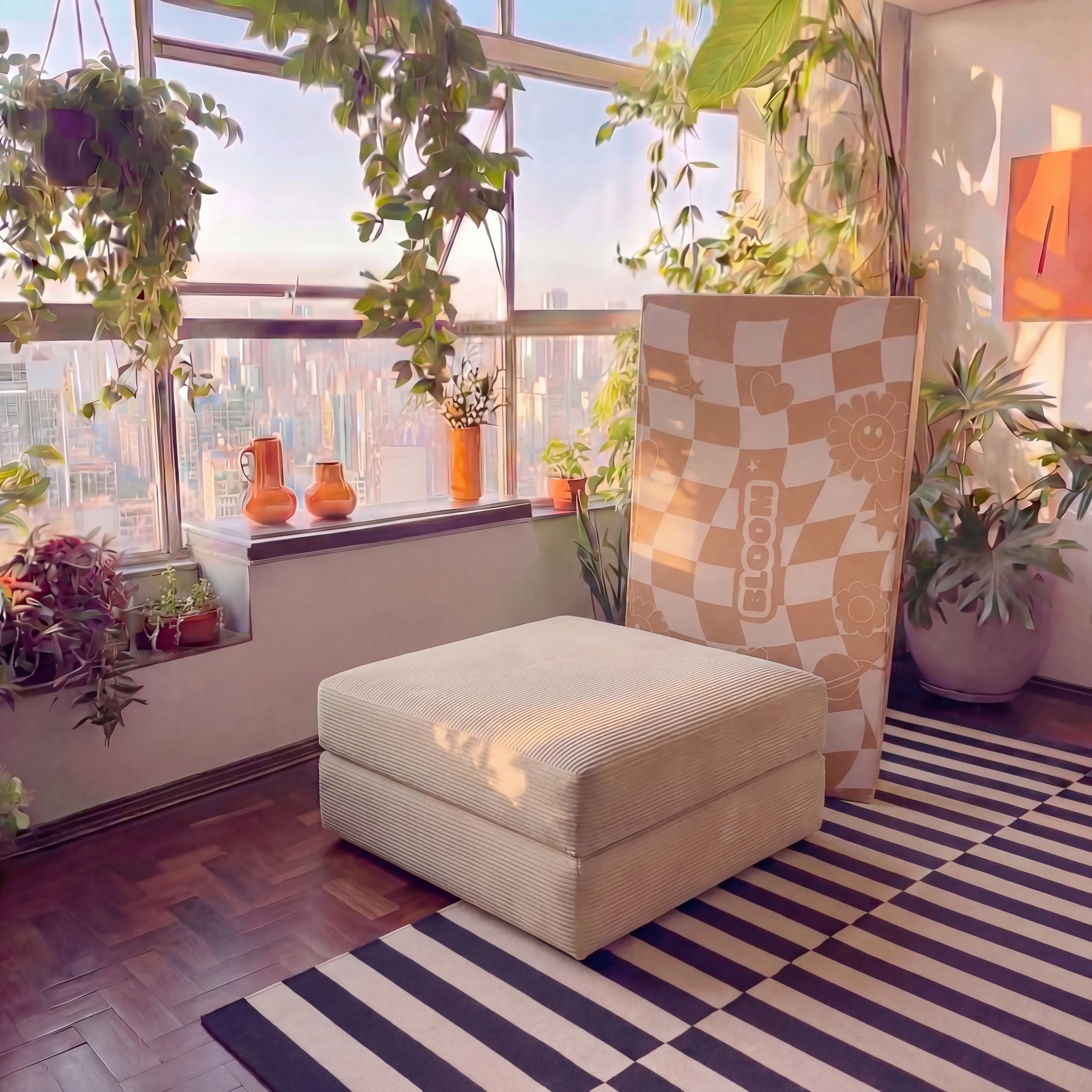 Chaise / Apoio de pé Sofá Cama Bloom Tecido Cotelê Linho