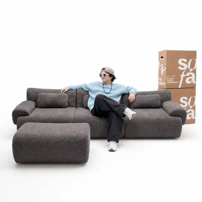 Sofá na Caixa modular Horizon 3 lugares em Boucle - Preto