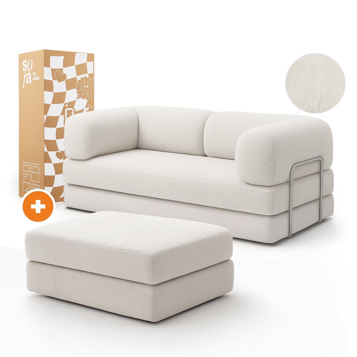 Sofá Cama Bloom Tecido Boucle Linho - Sofá na Caixa + Apoio de Pé