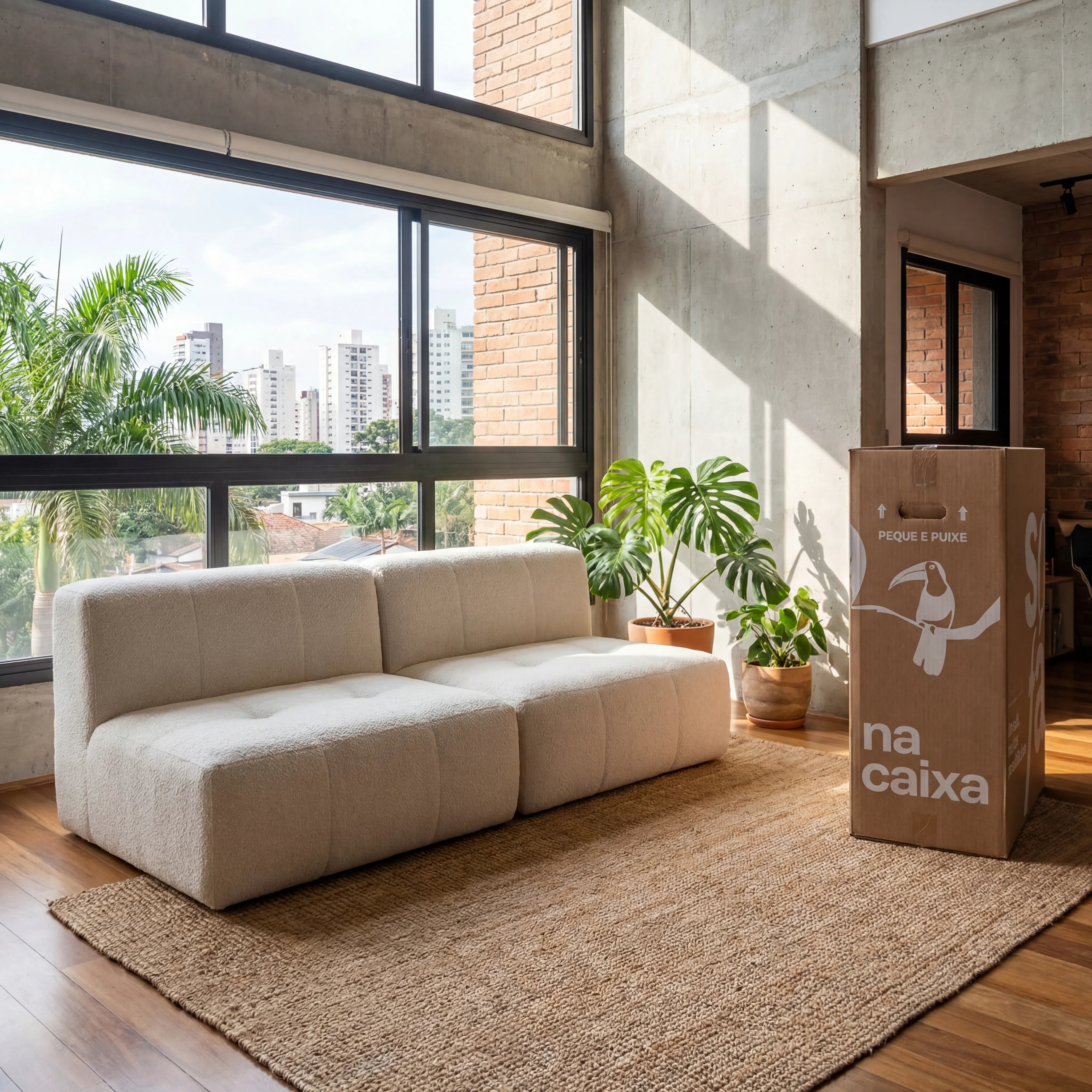 Sofá na Caixa modular 2 lugares em Boucle - Sem braço - Linho