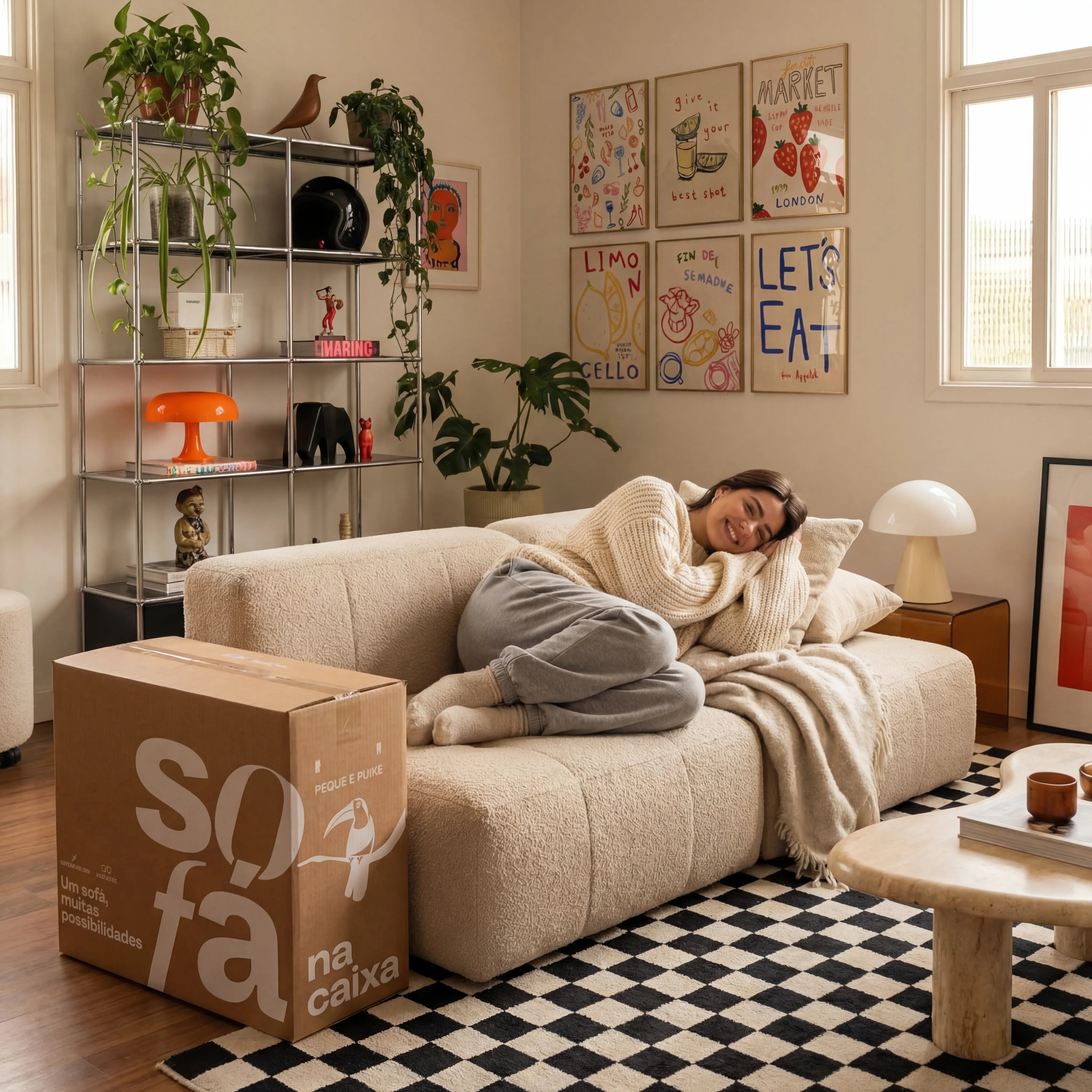 Sofá na Caixa modular 2 lugares em Boucle - Sem braço - Linho