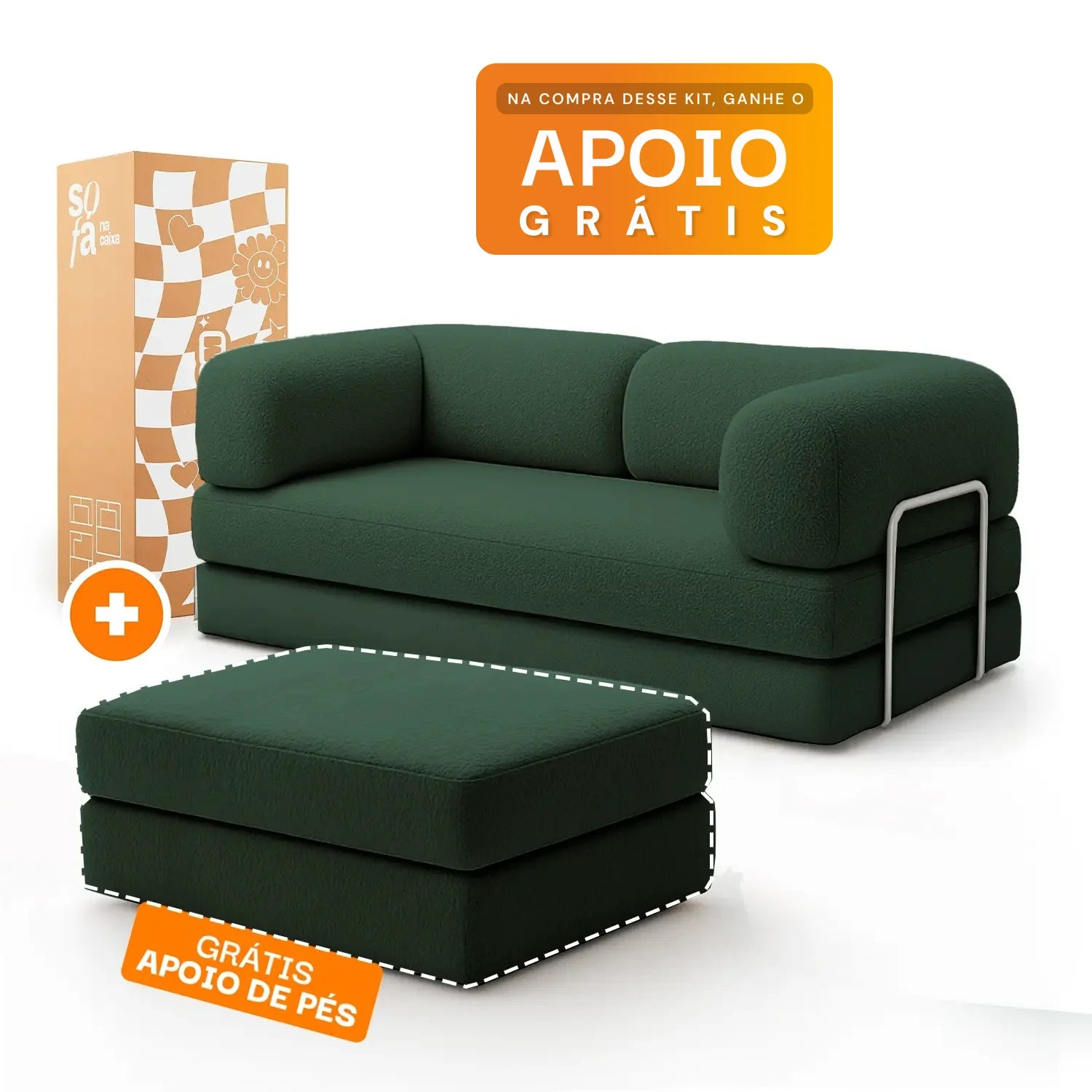 Sofá Cama Bloom - Sofá na Caixa + Apoio de Pé Bloom Tecido Boucle Verde Musgo