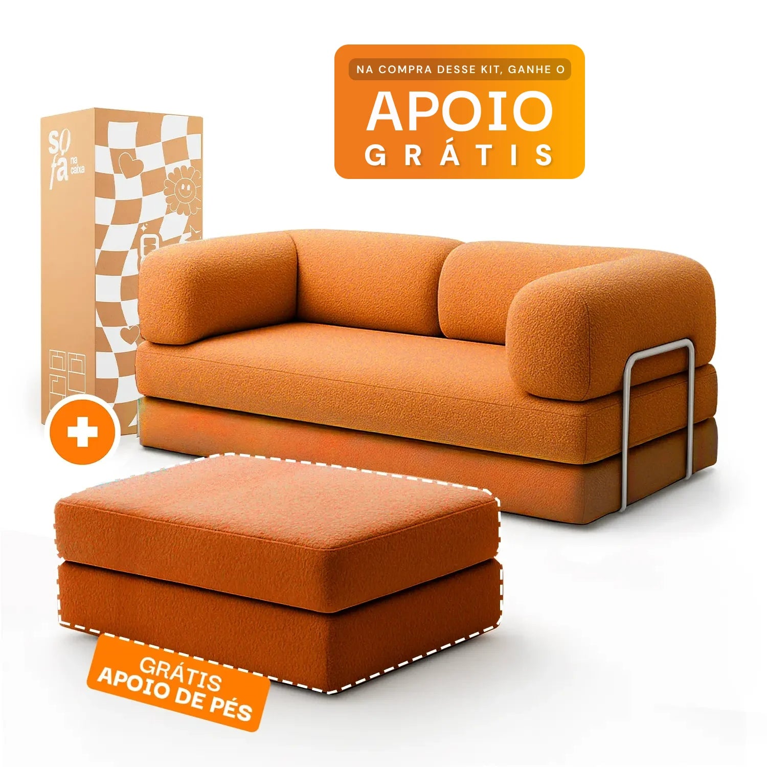 Sofá Cama Bloom - Sofá na Caixa + Apoio de Pé Bloom Tecido Boucle Laranja
