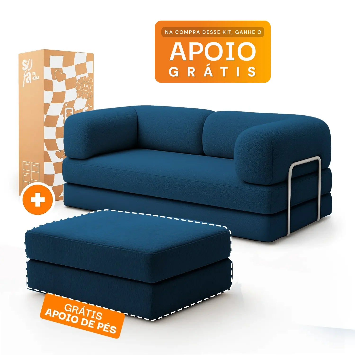 Sofá Cama Bloom - Sofá na Caixa + Apoio de Pé Bloom Tecido Boucle Azul