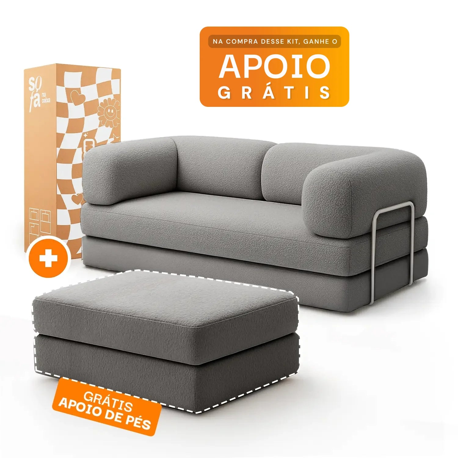 Sofá Cama Bloom - Sofá na Caixa + Apoio de Pé Bloom Tecido Boucle Cinza