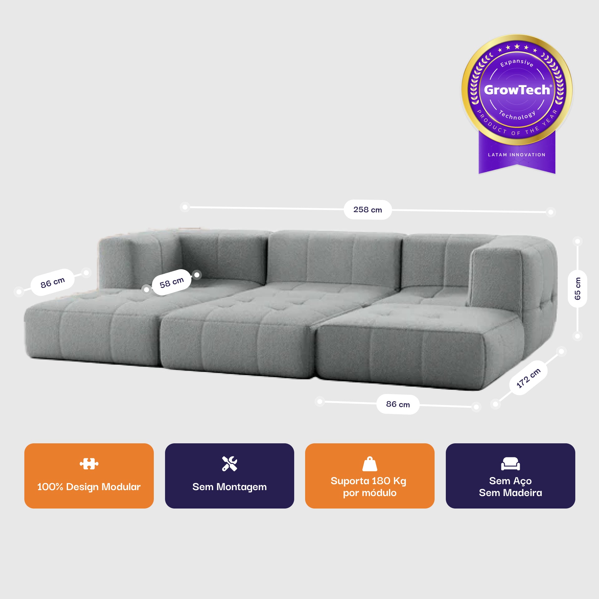 Sofá na Caixa modular 3 lugares em Boucle com 3 Chaises - Cinza