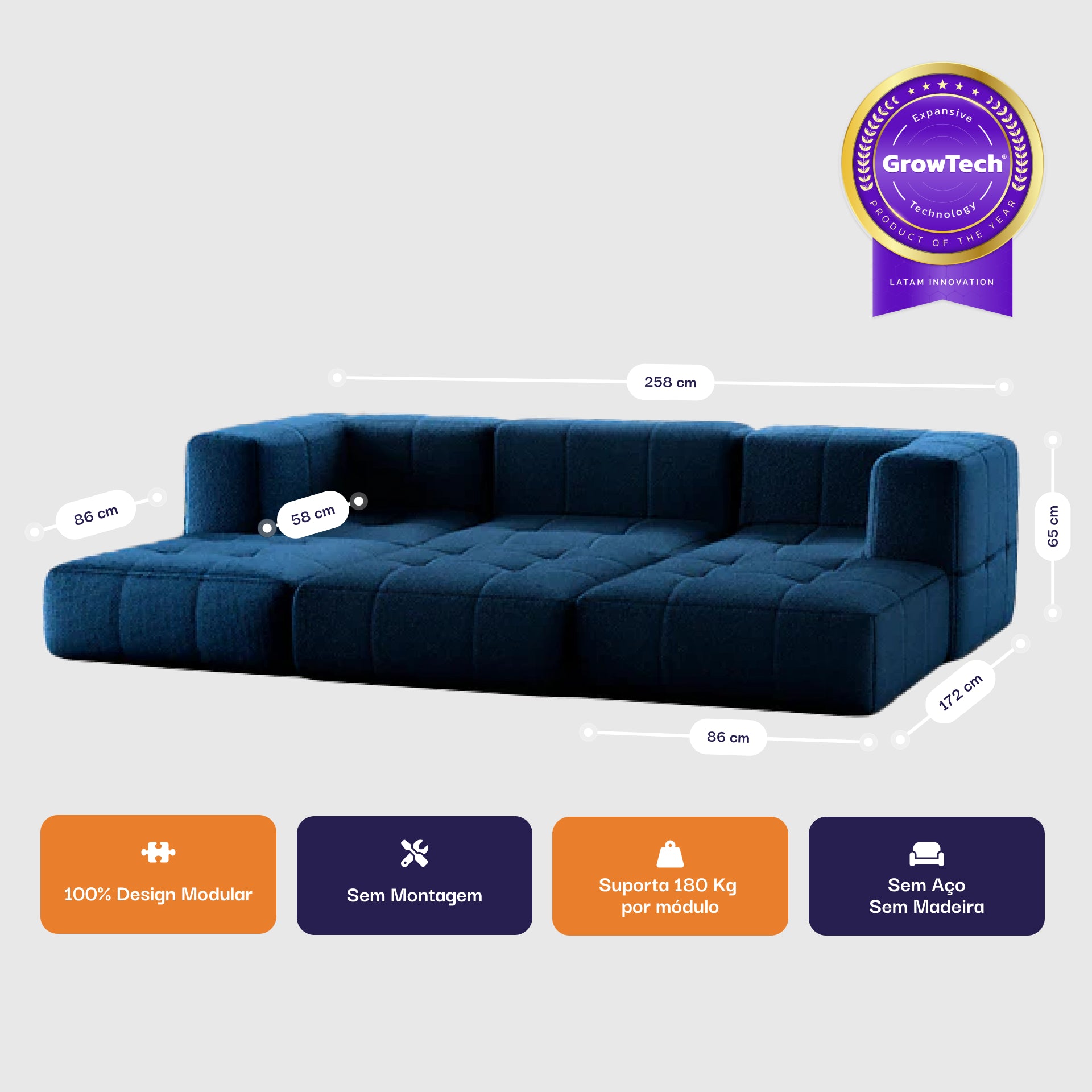 Sofá na Caixa modular 3 lugares em Boucle com 3 Chaises - Azul