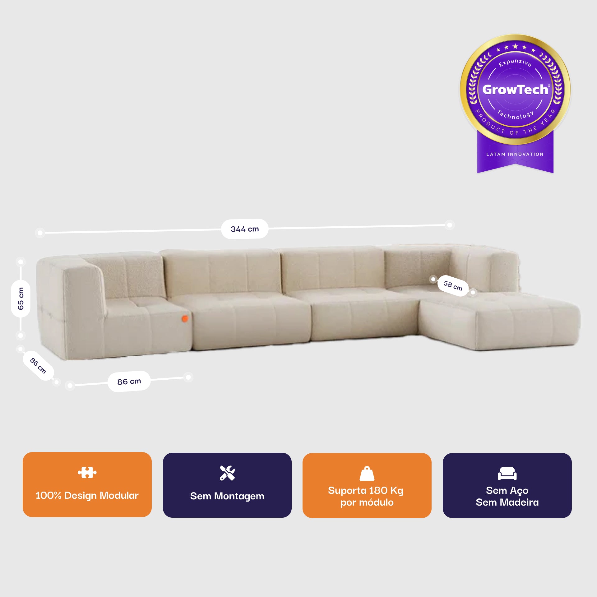 Sofá na Caixa modular 4 lugares em Boucle com 1 chaise - Linho