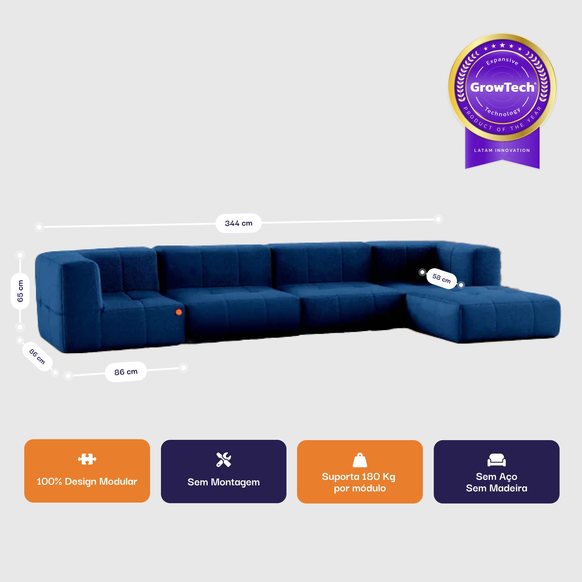 Sofá na Caixa modular 4 lugares em Boucle com 1 chaise - Azul