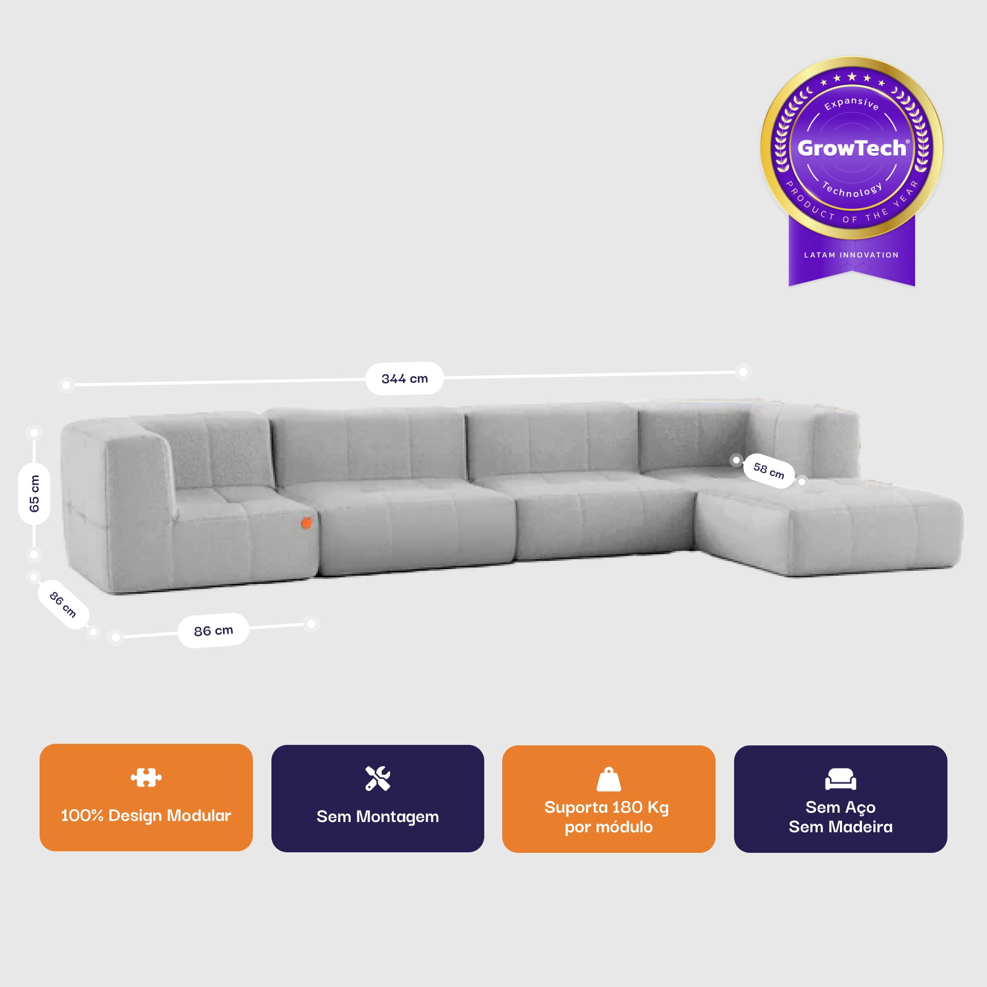 Sofá na Caixa modular 4 lugares em Boucle com 1 chaise - Cinza